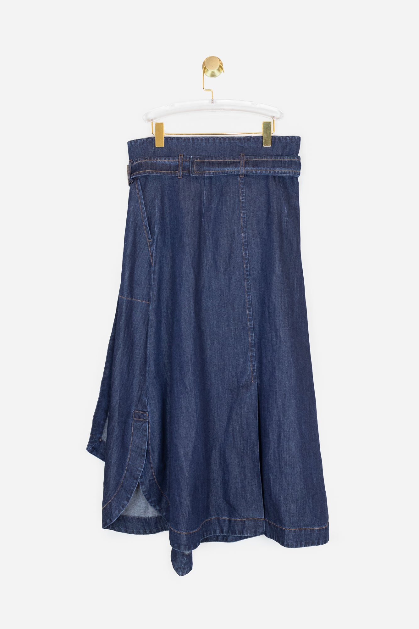 Blue Denim Belted Midi Skirt