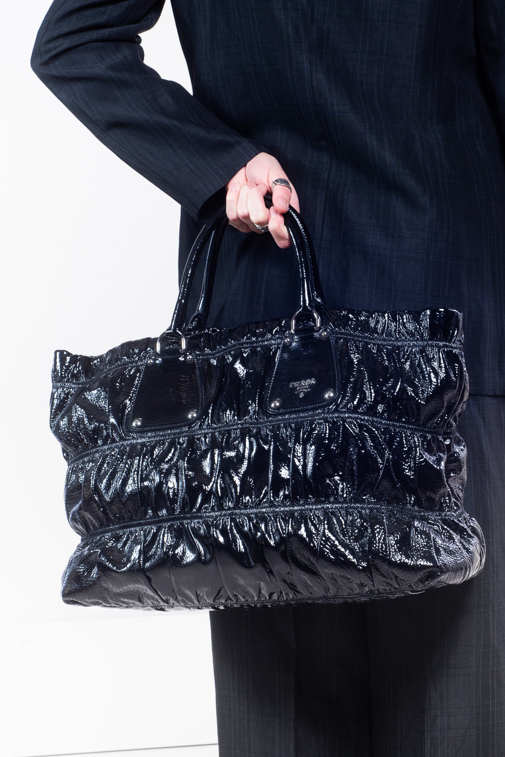 Patent gauffre leather tote bag