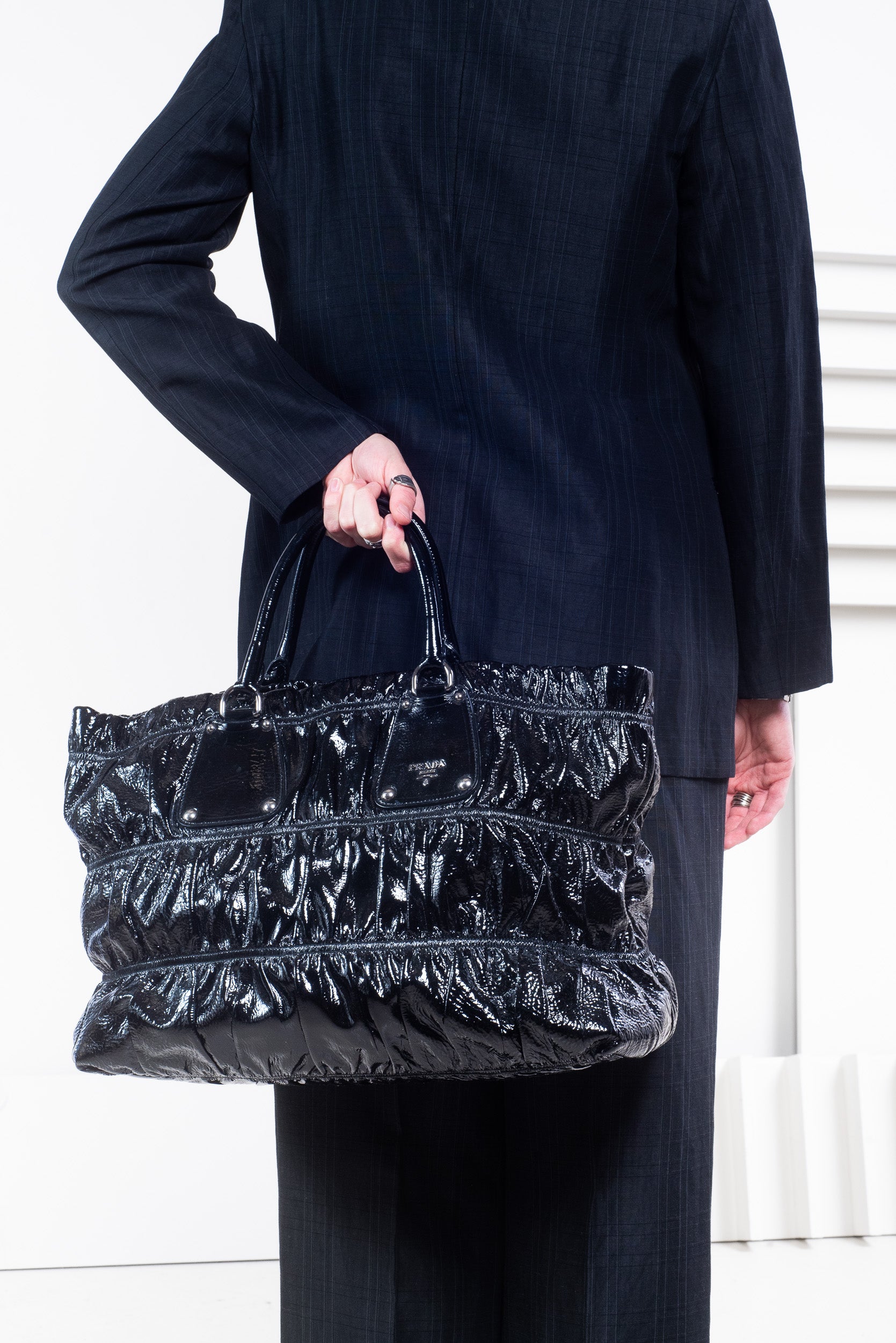 Patent gauffre leather tote bag