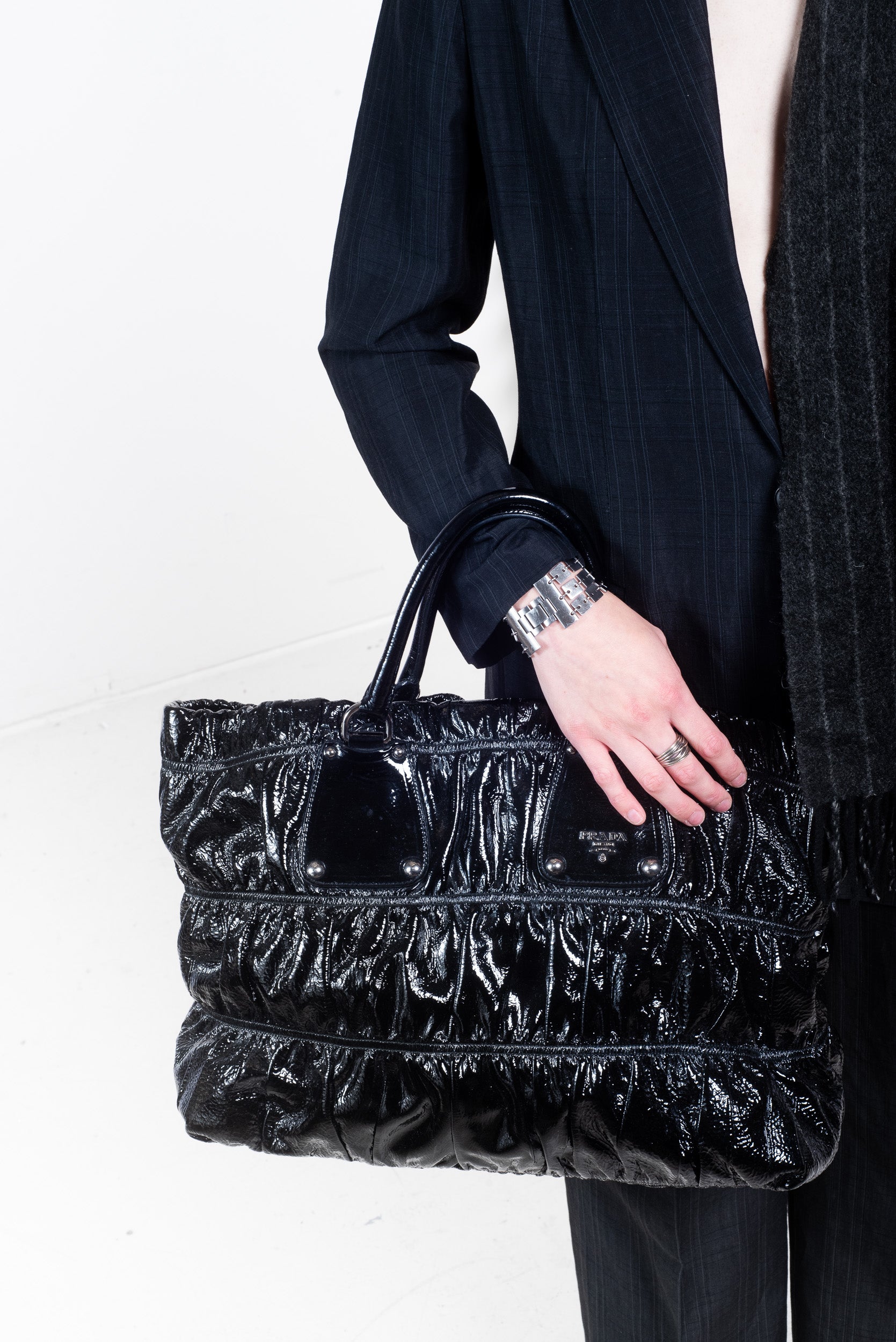 Patent gauffre leather tote bag