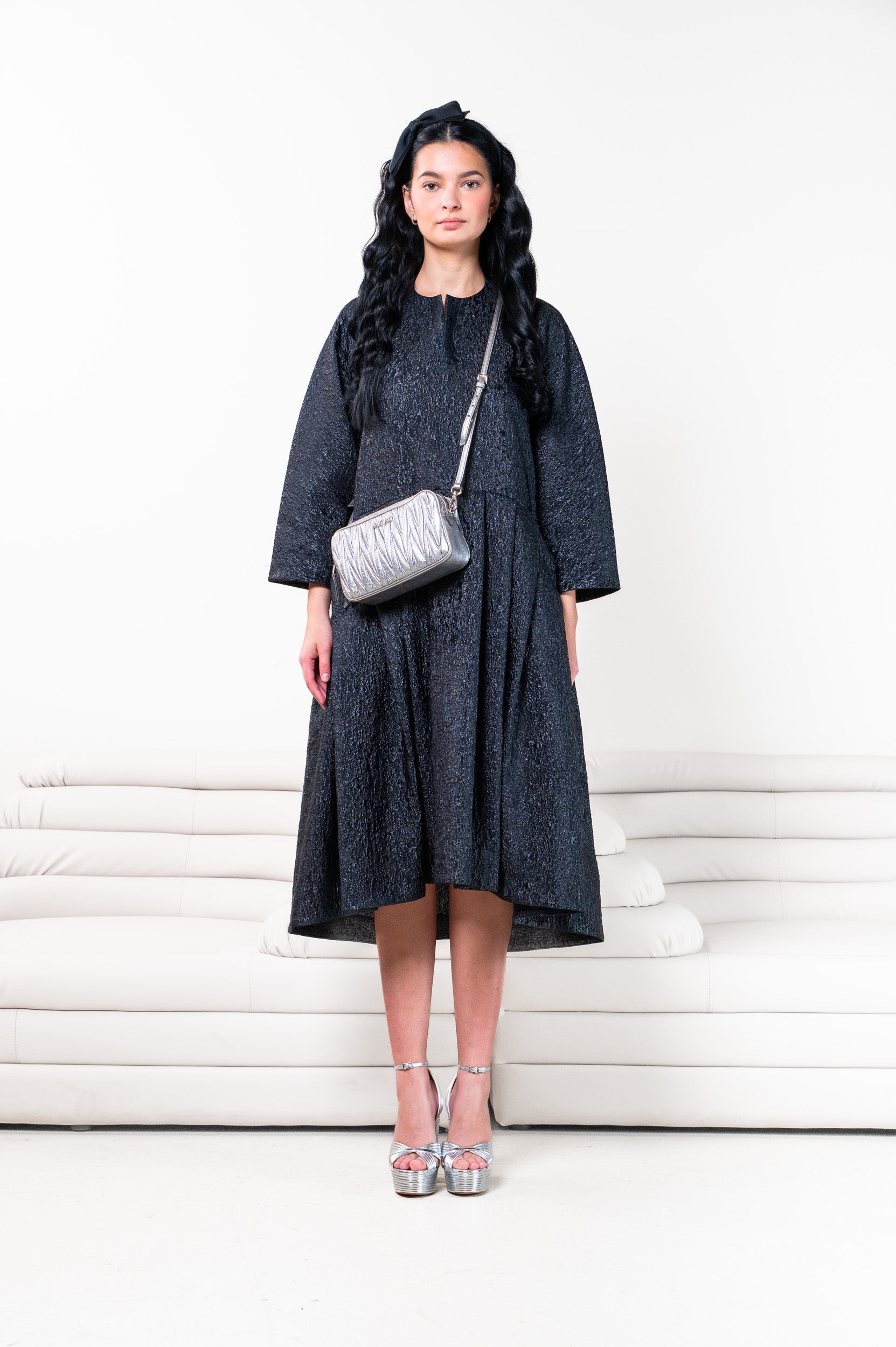 Black Jacquard Midi Pleated Dress