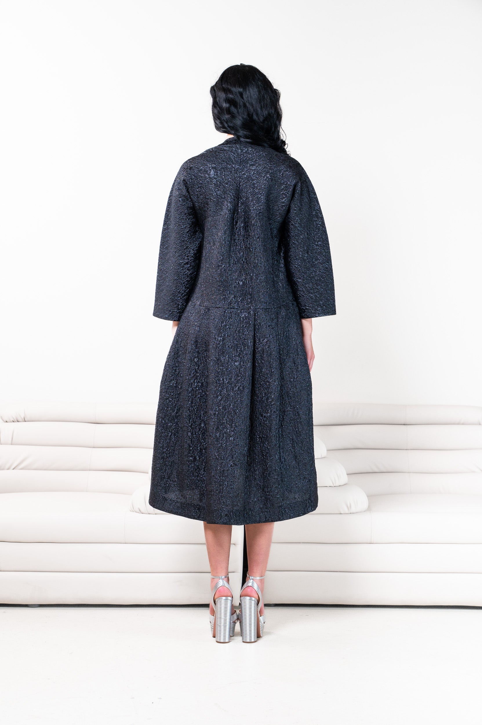 Black Jacquard Midi Pleated Dress