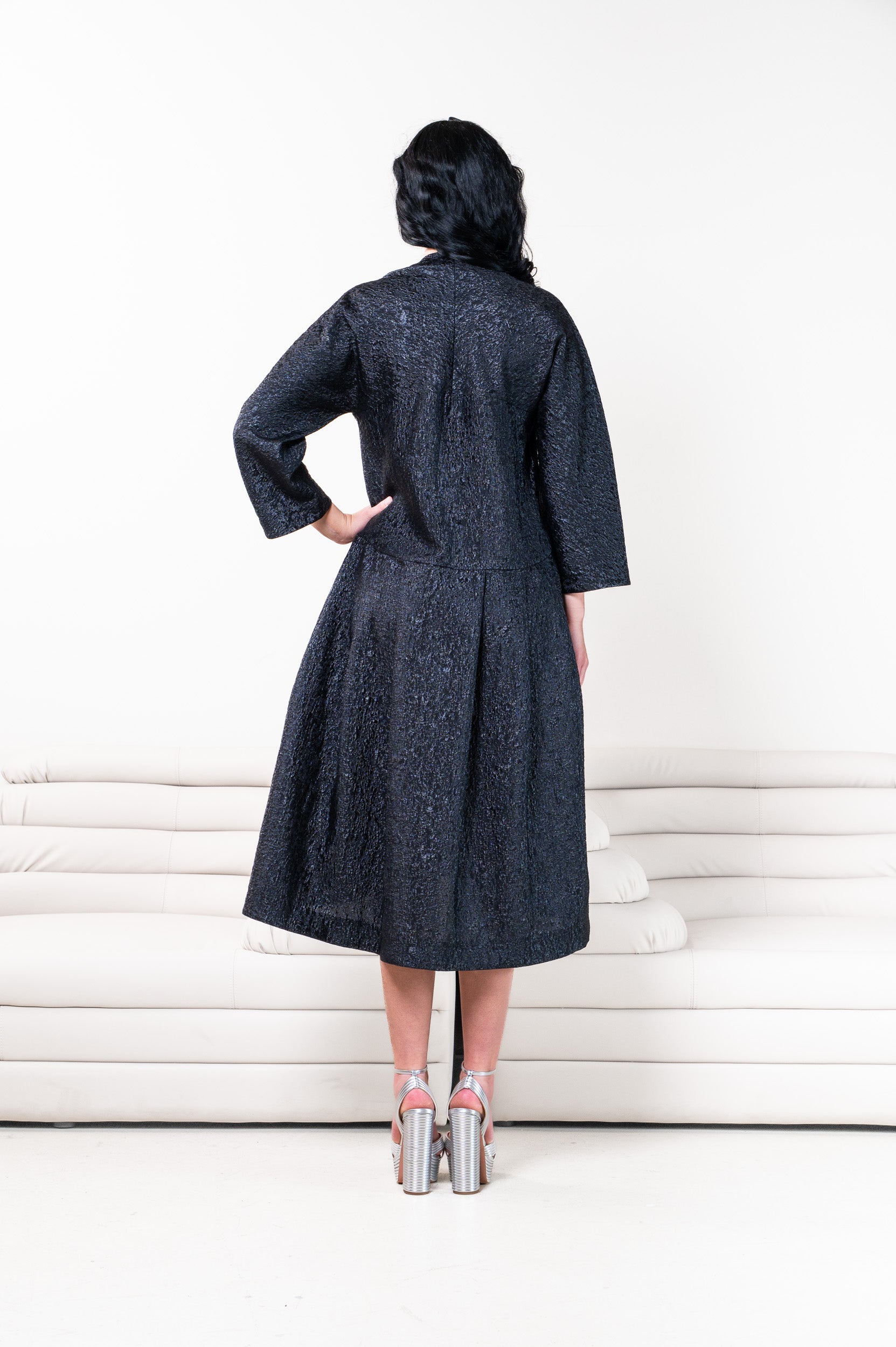 Black Jacquard Midi Pleated Dress