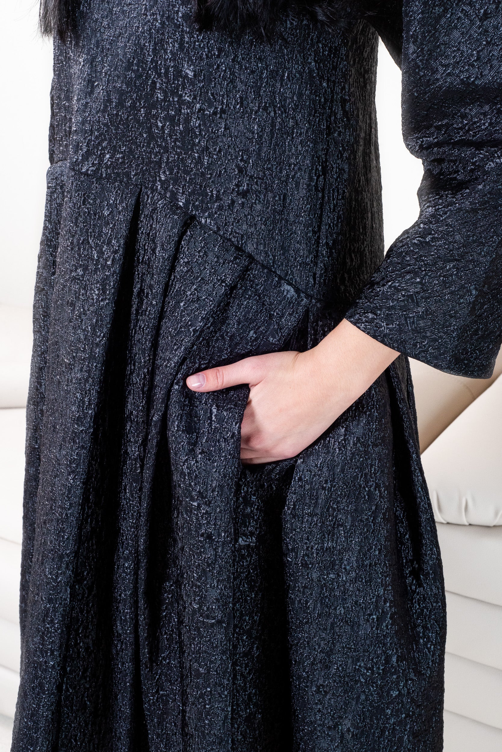 Black Jacquard Midi Pleated Dress