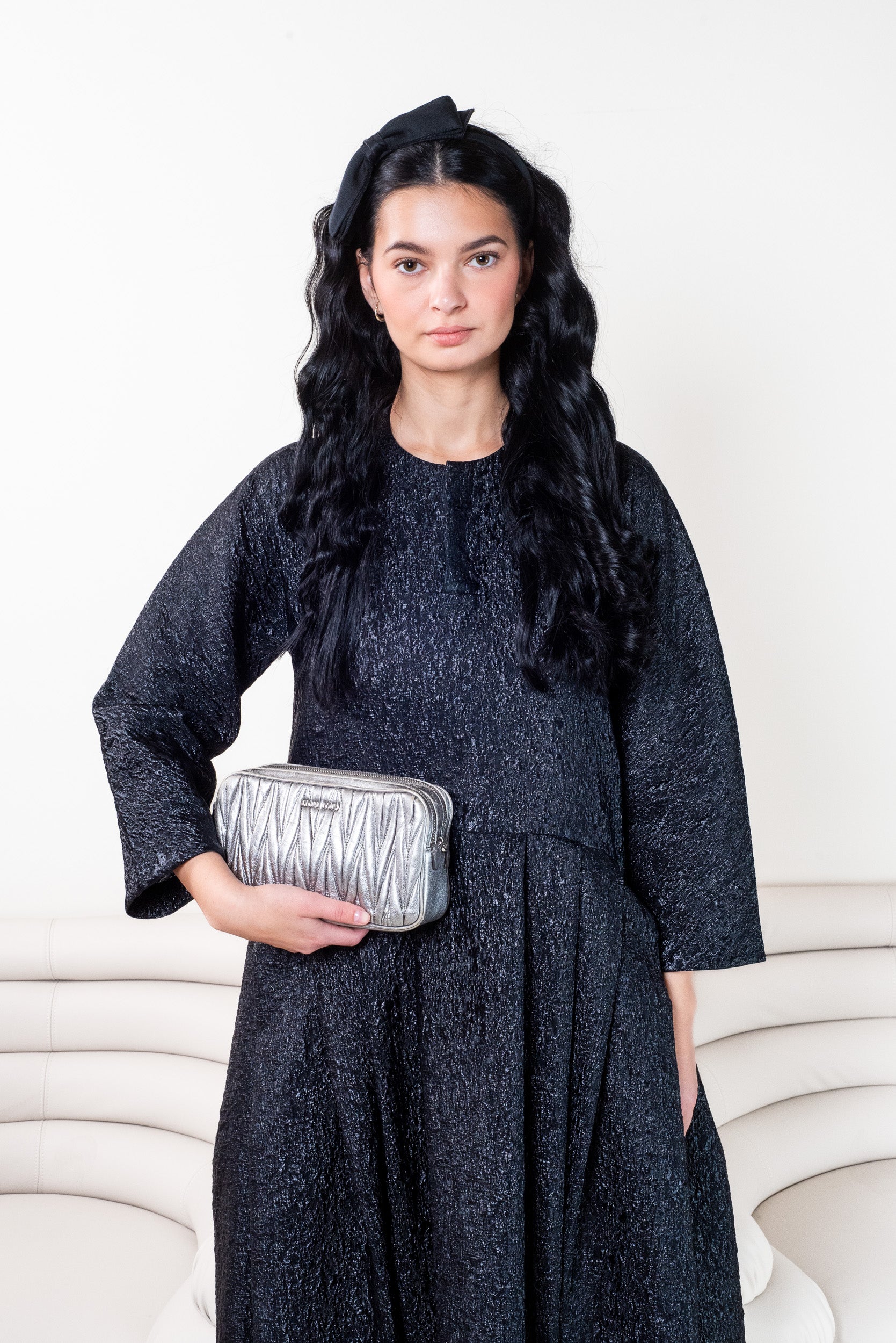 Black Jacquard Midi Pleated Dress