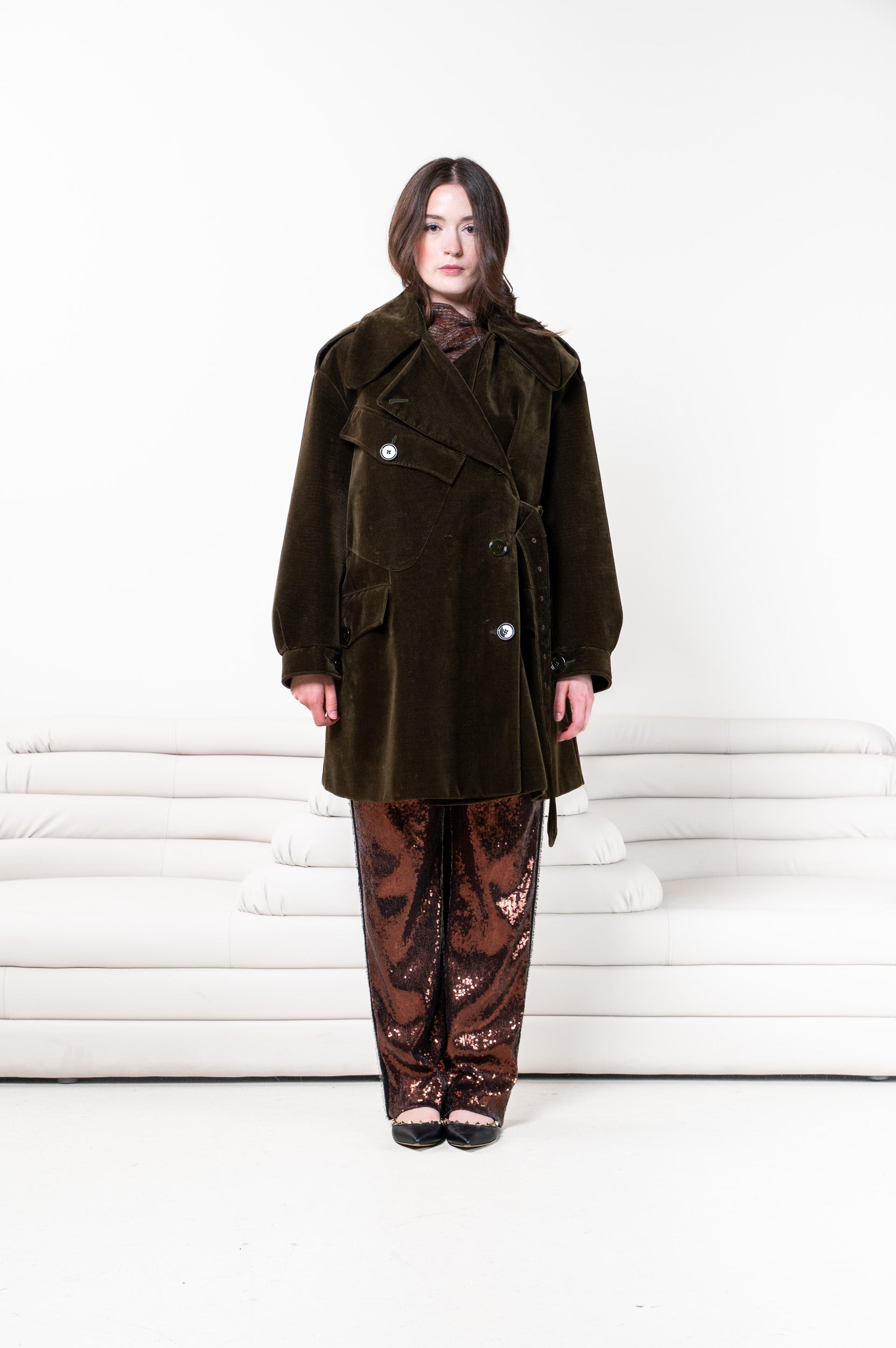 Green velvet neoprene coat