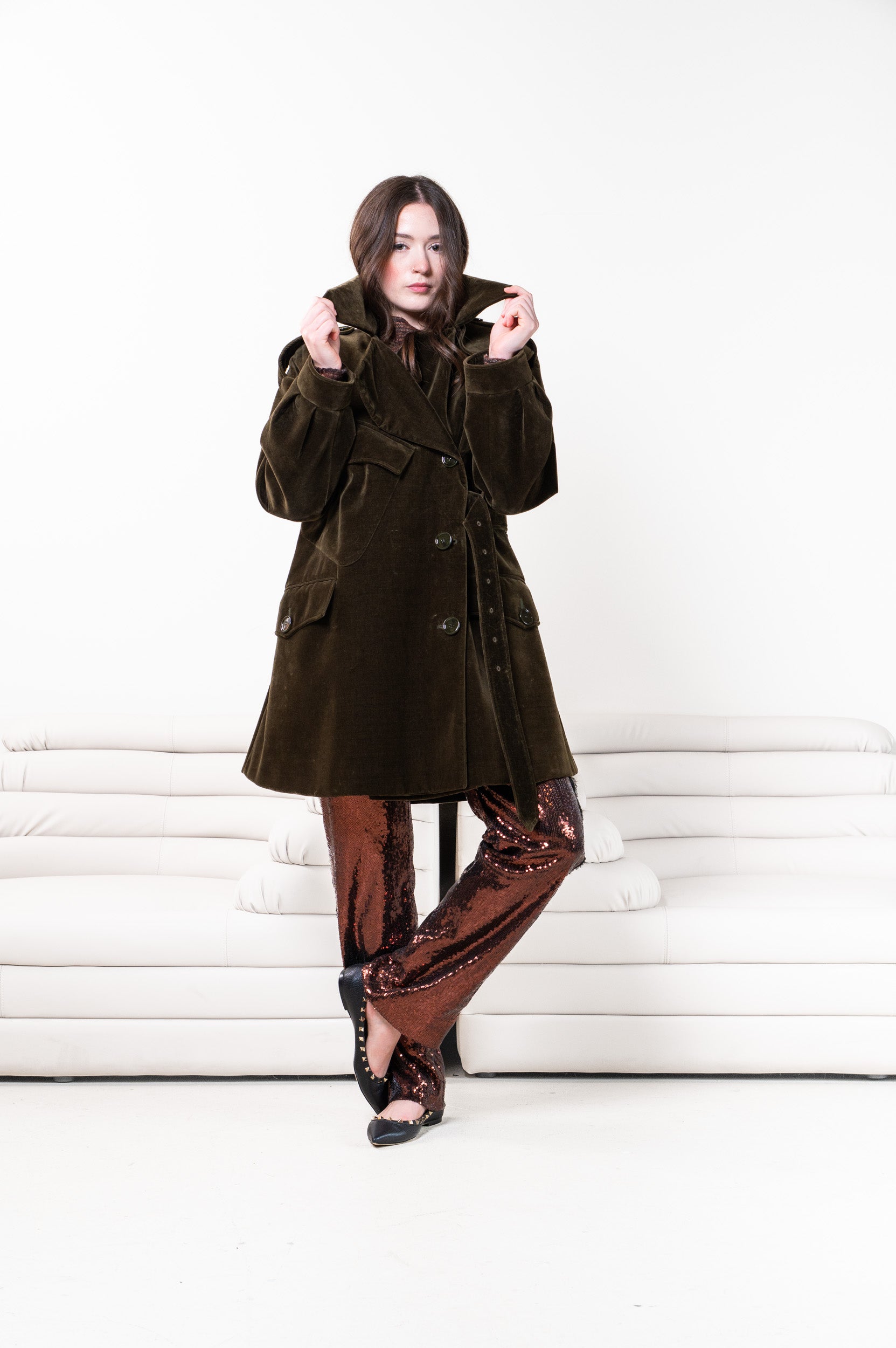 Green velvet neoprene coat
