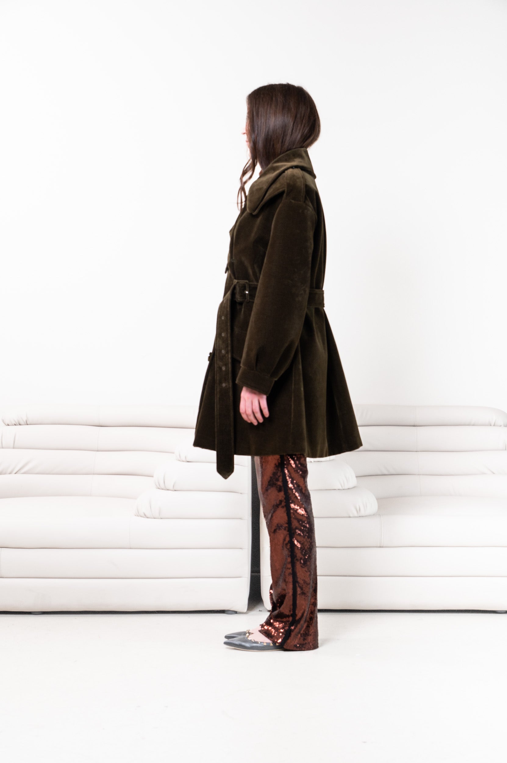 Green velvet neoprene coat