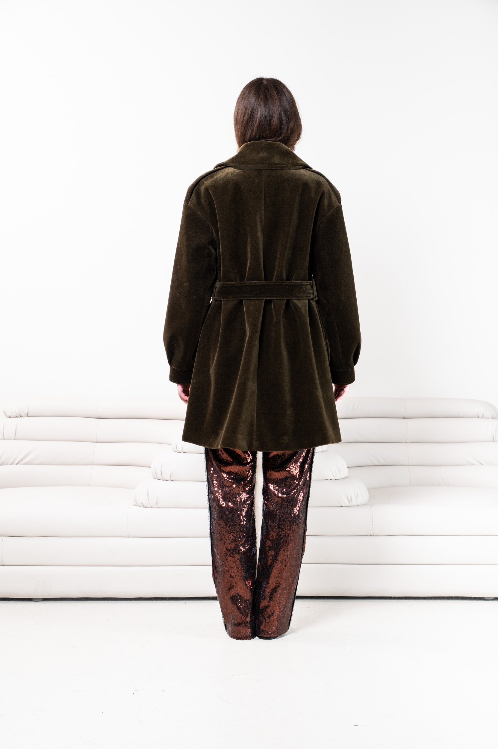 Green velvet neoprene coat