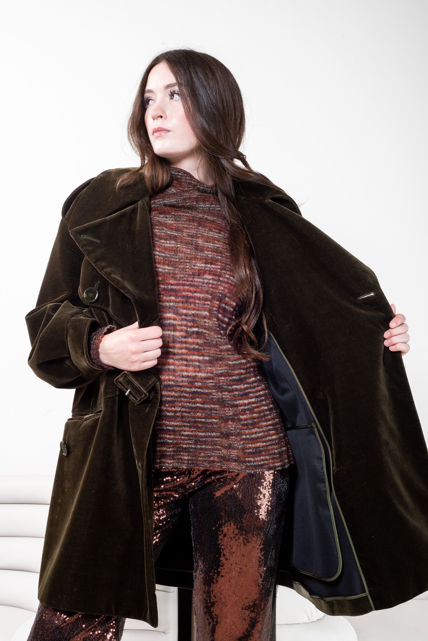 Green velvet neoprene coat
