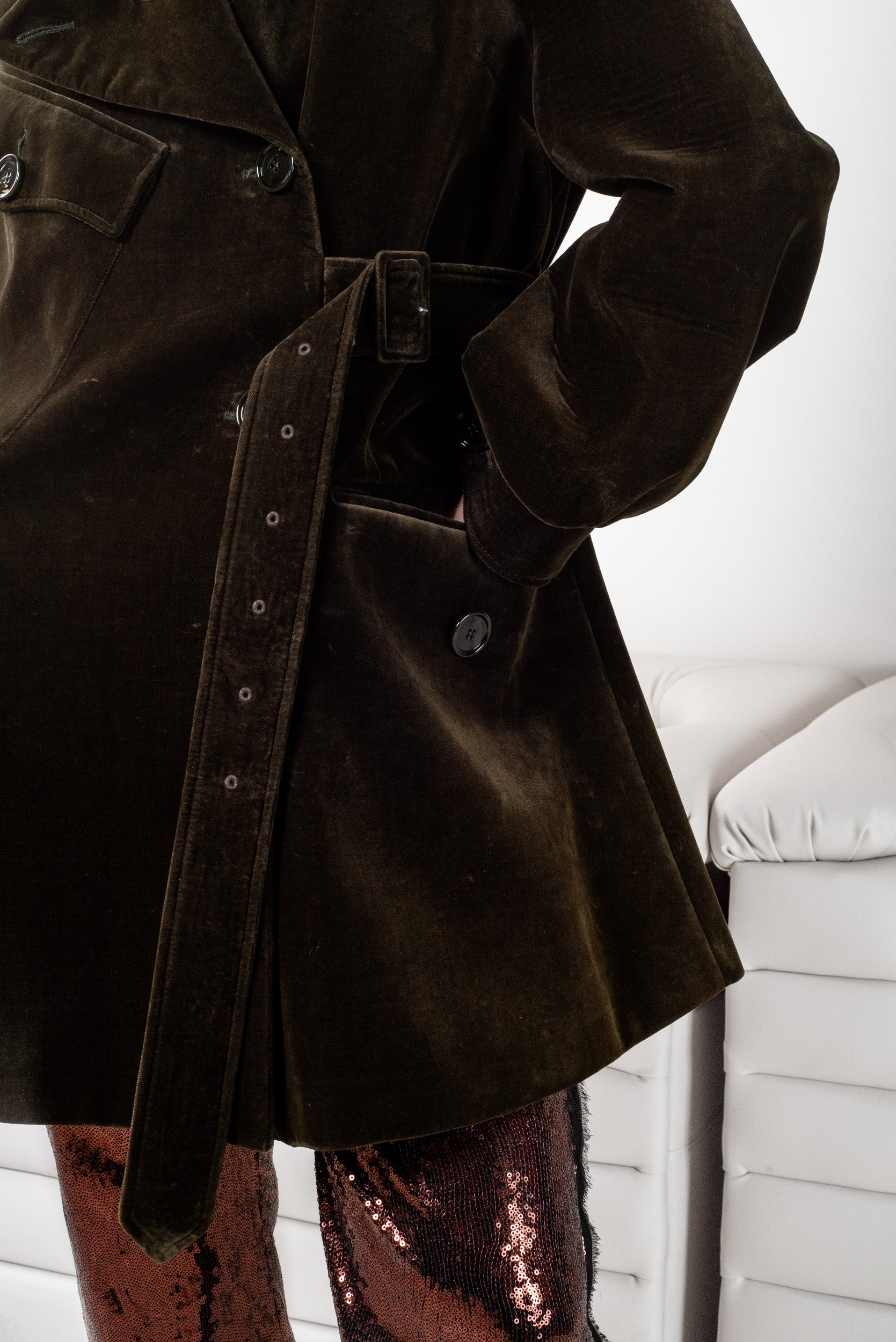Green velvet neoprene coat