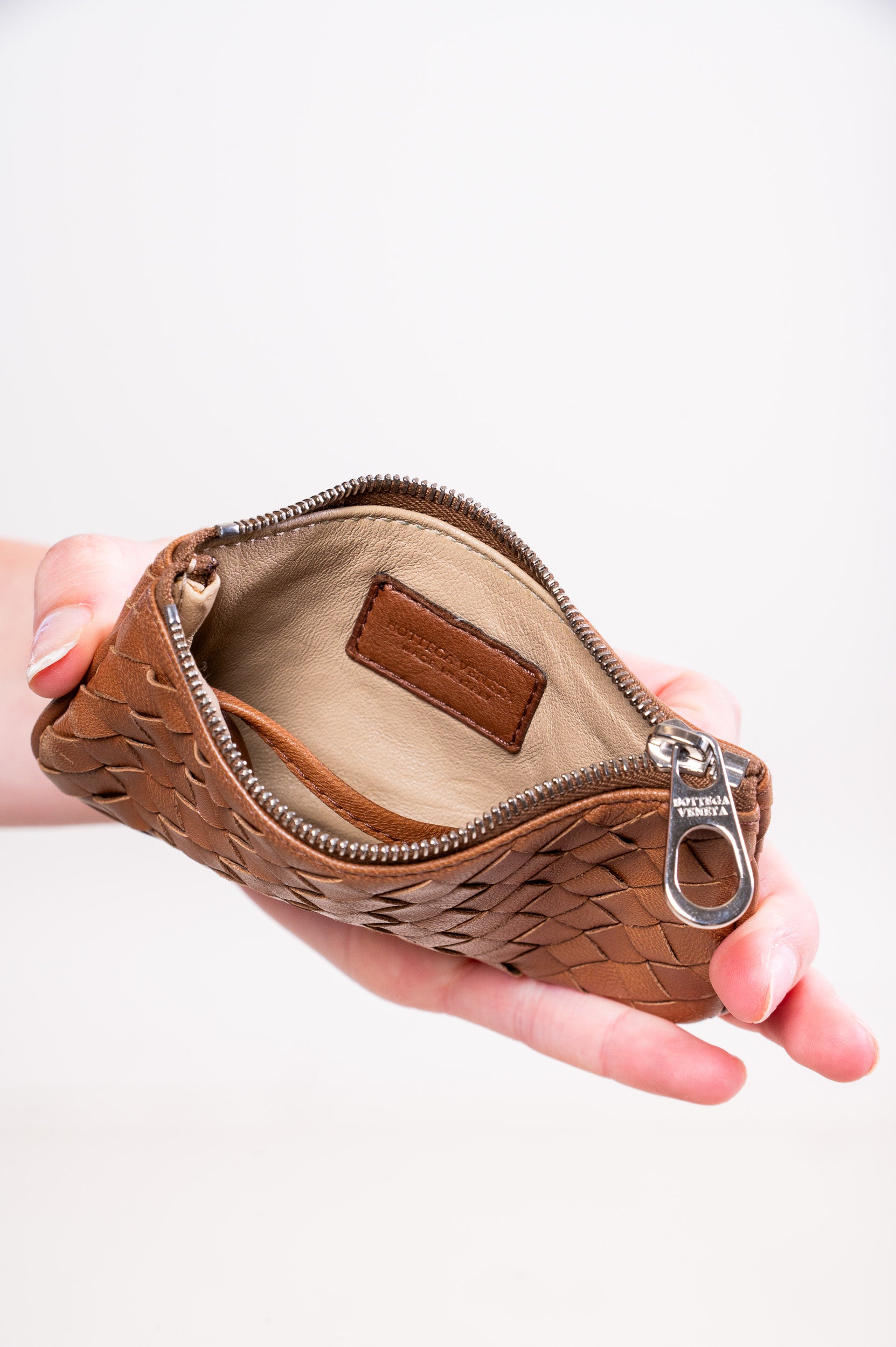 Inside view of Bottega Veneta Brown Intrecciato Small Coin Pouch