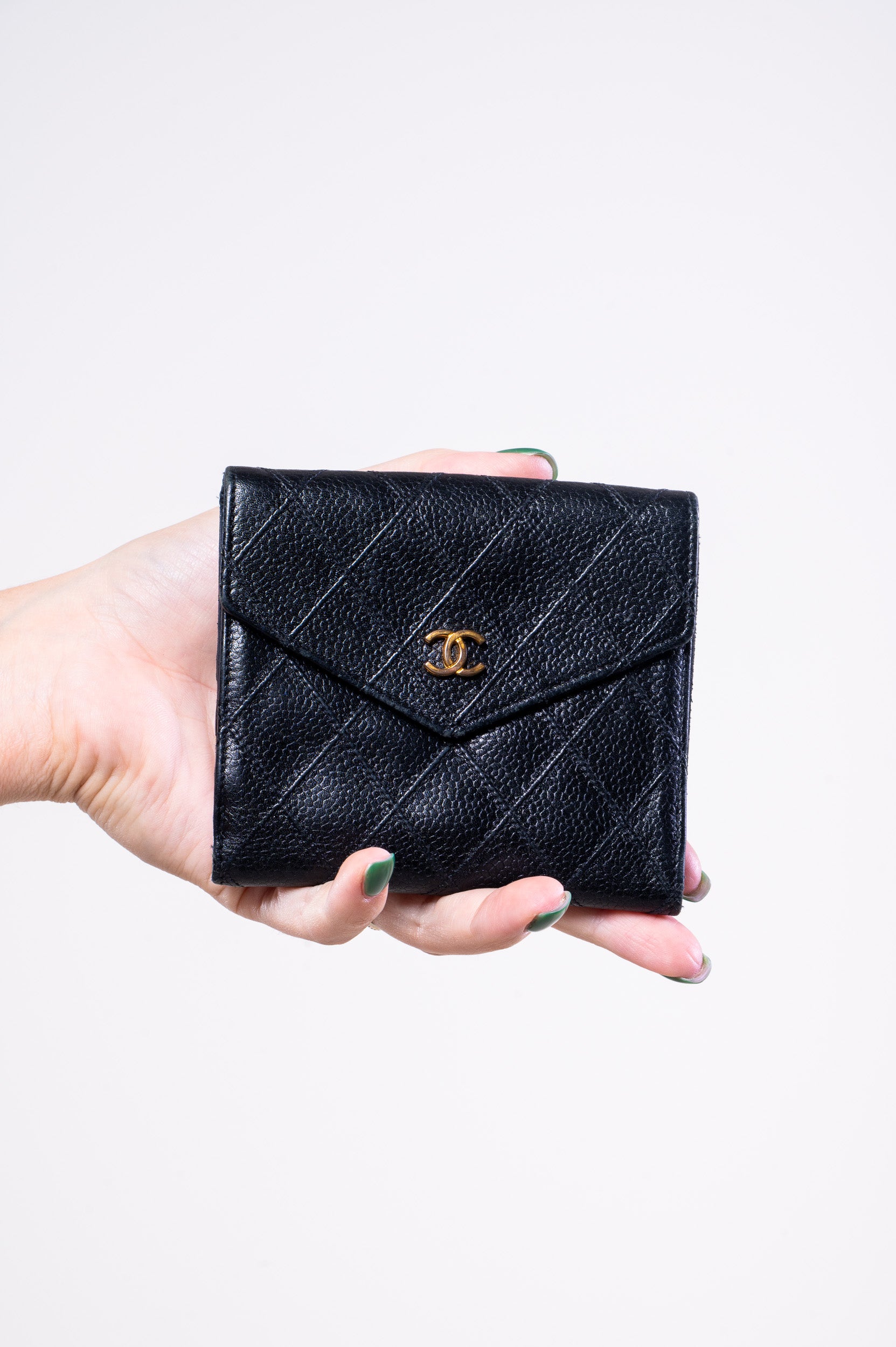 Front view of Chanel Caviar Skin CC Hardware Compact Wallet
