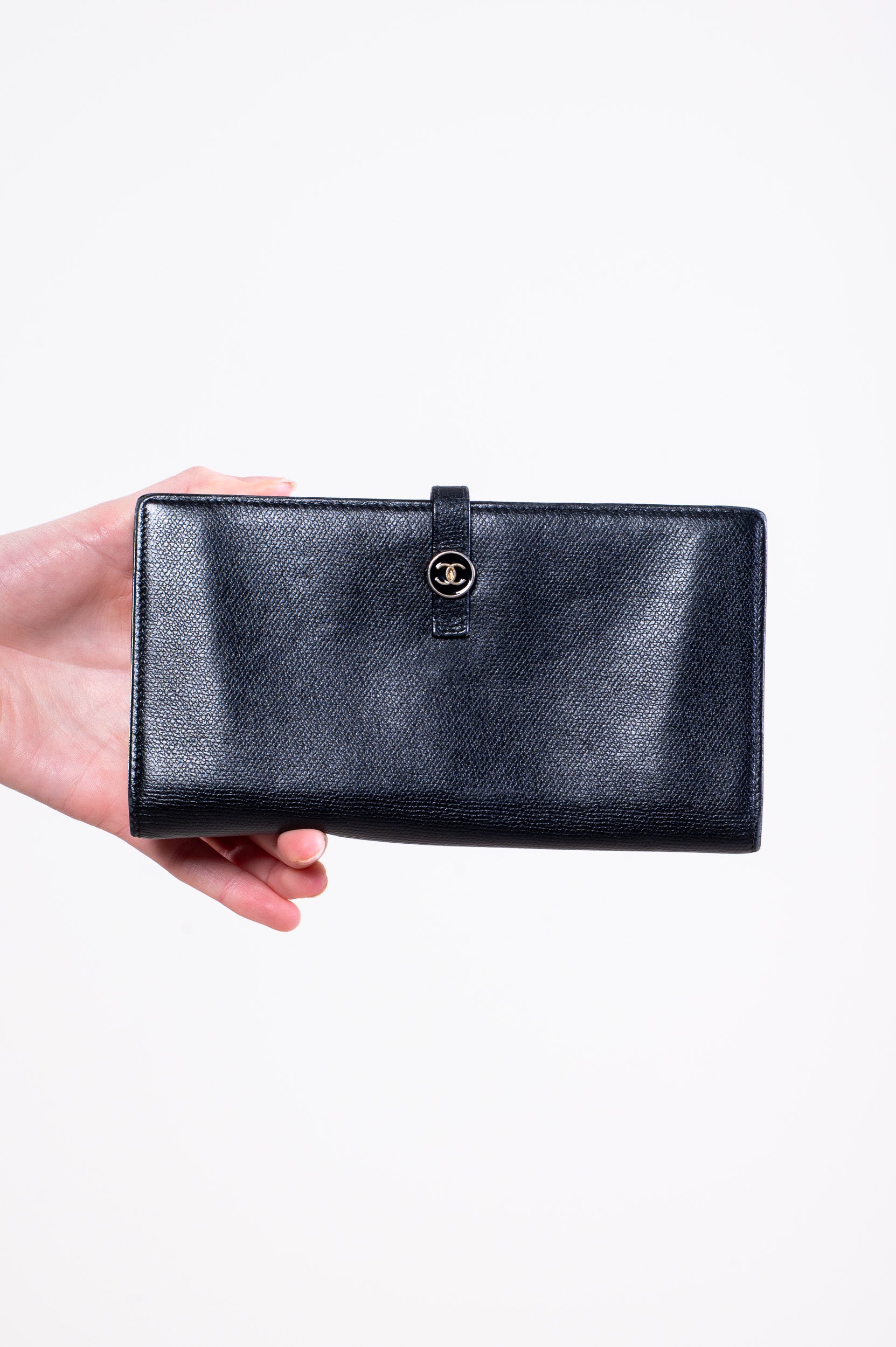 Front view of Chanel Caviar Skin Coco Button Long Wallet in black leather