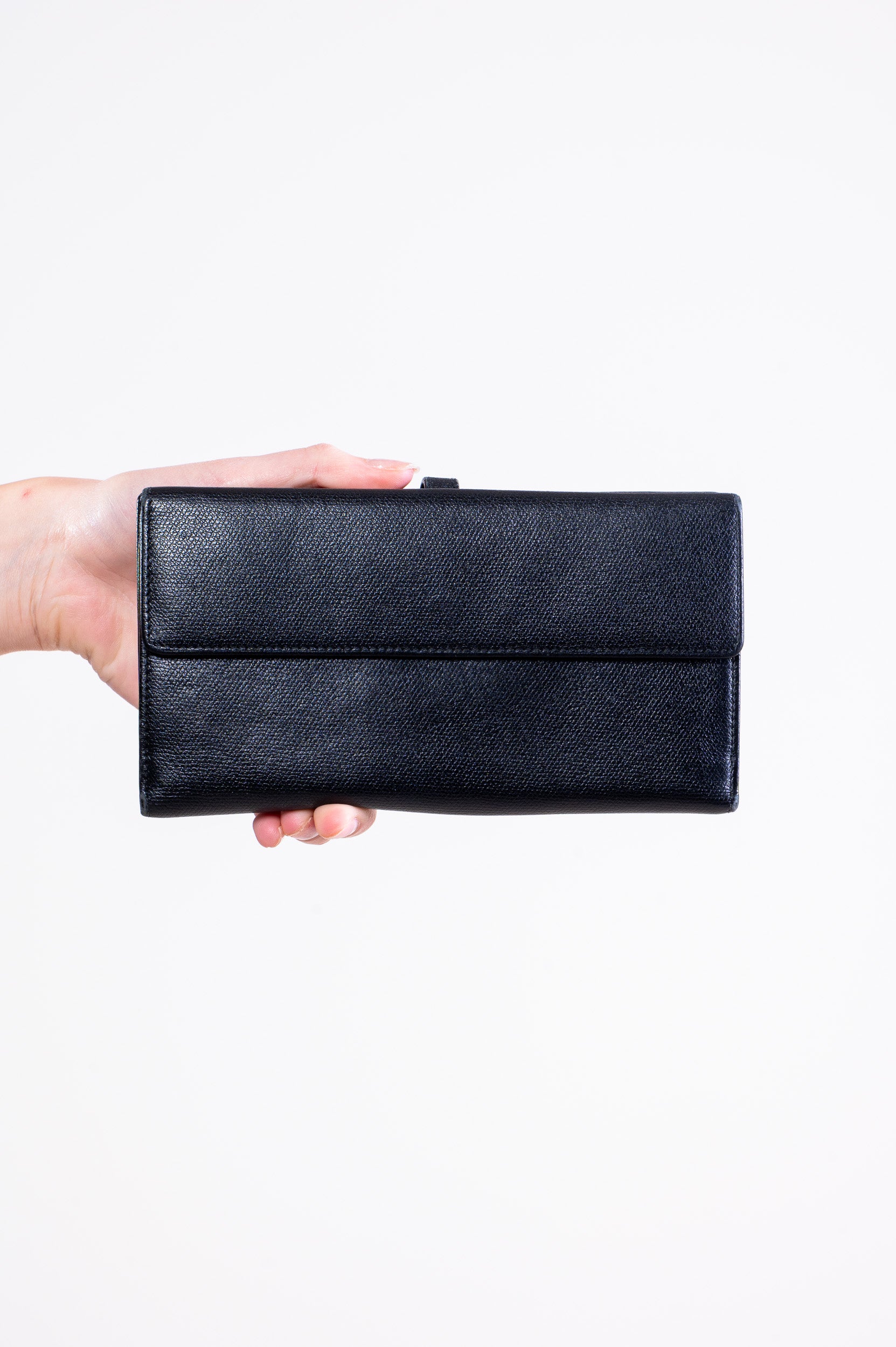 Back view of Chanel Caviar Skin Coco Button Long Wallet in black leather