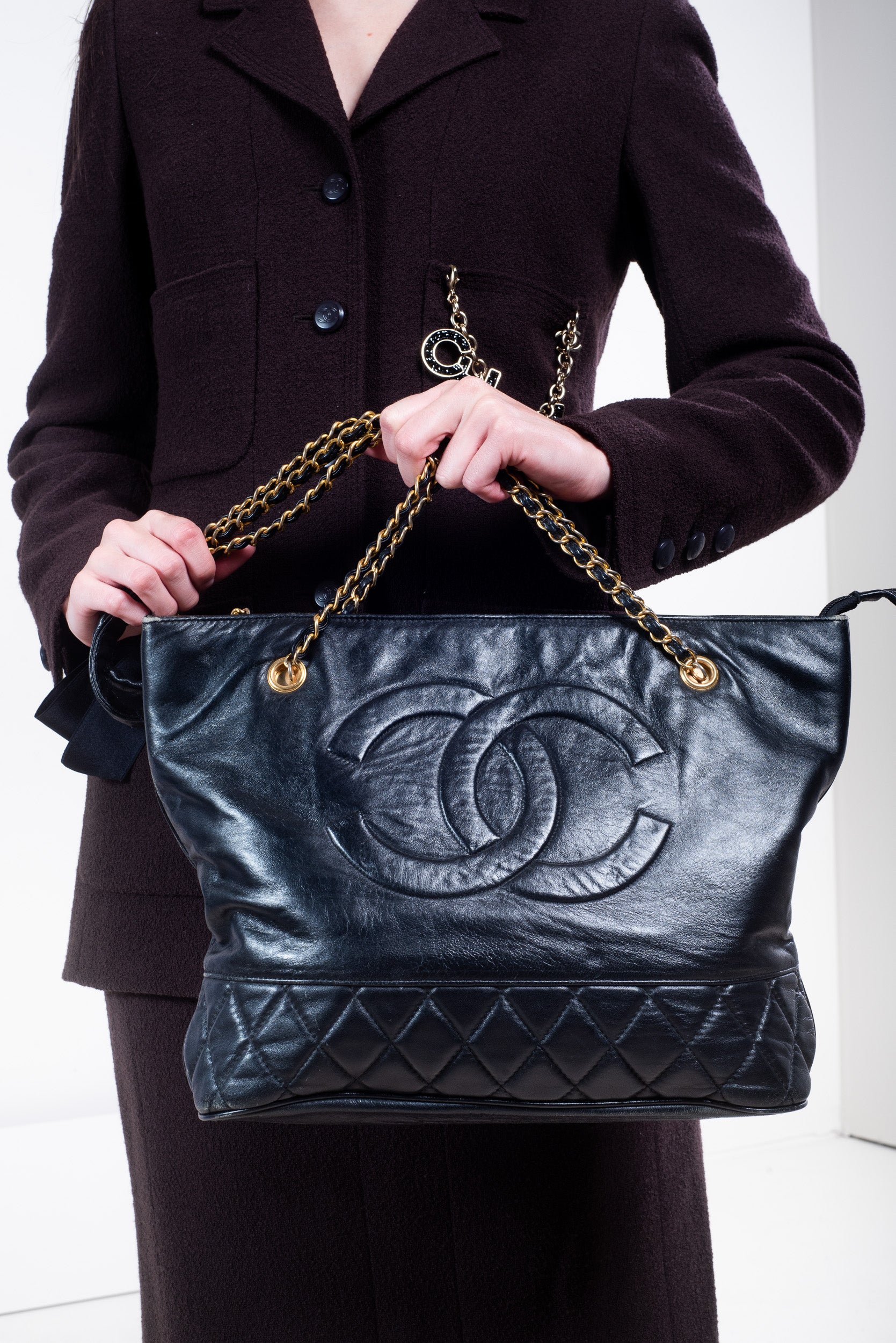 Black Calfskin Chain Shoulder Bag