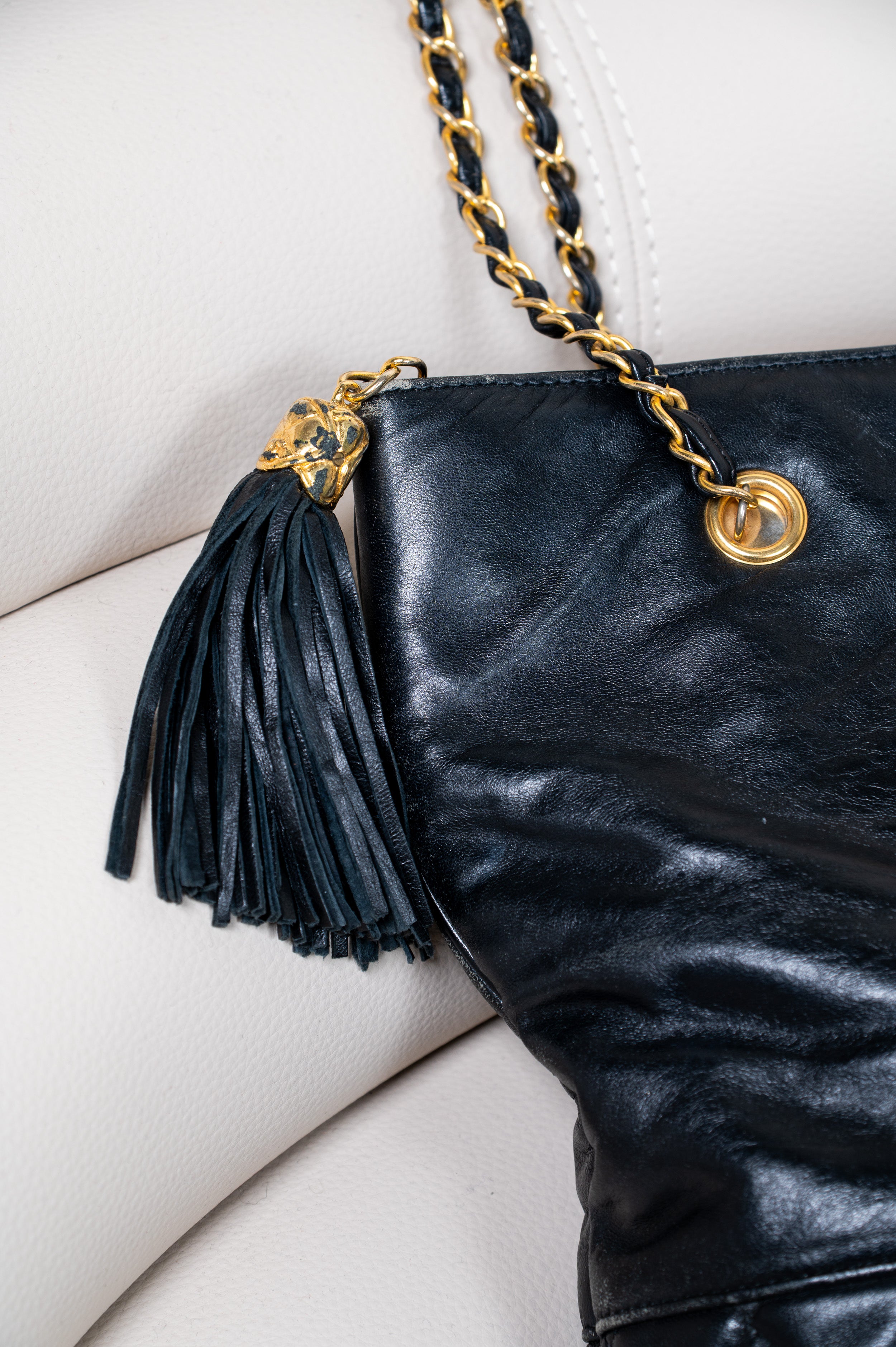 Black Calfskin Chain Shoulder Bag