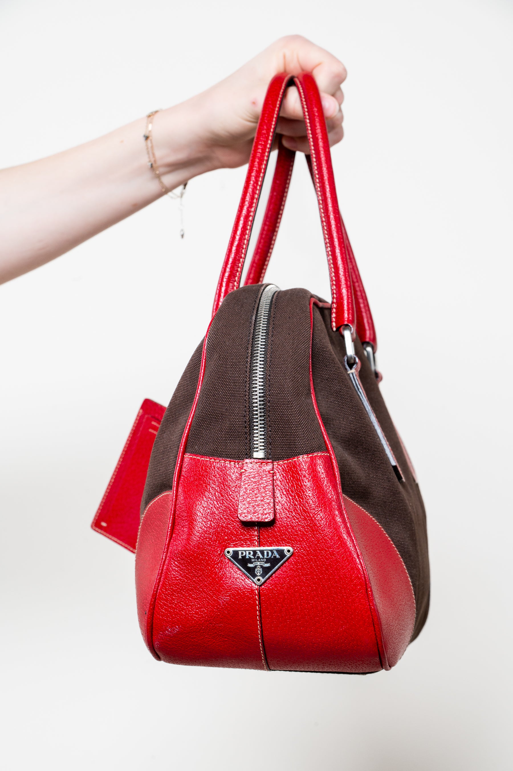 Vintage Brown Canvas Red Plaque Boston Bag