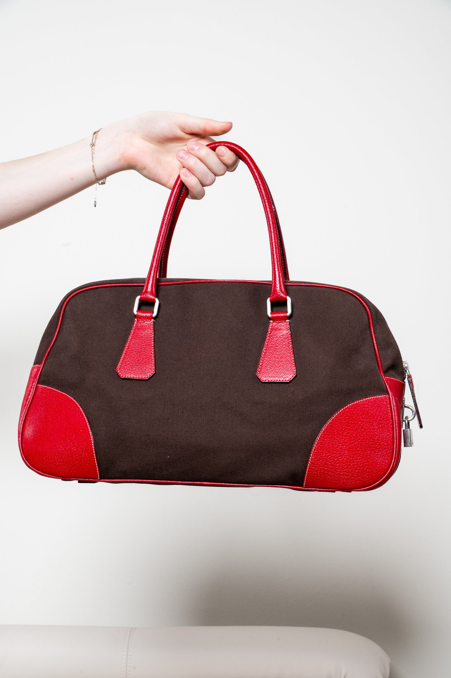 Vintage Brown Canvas Red Plaque Boston Bag