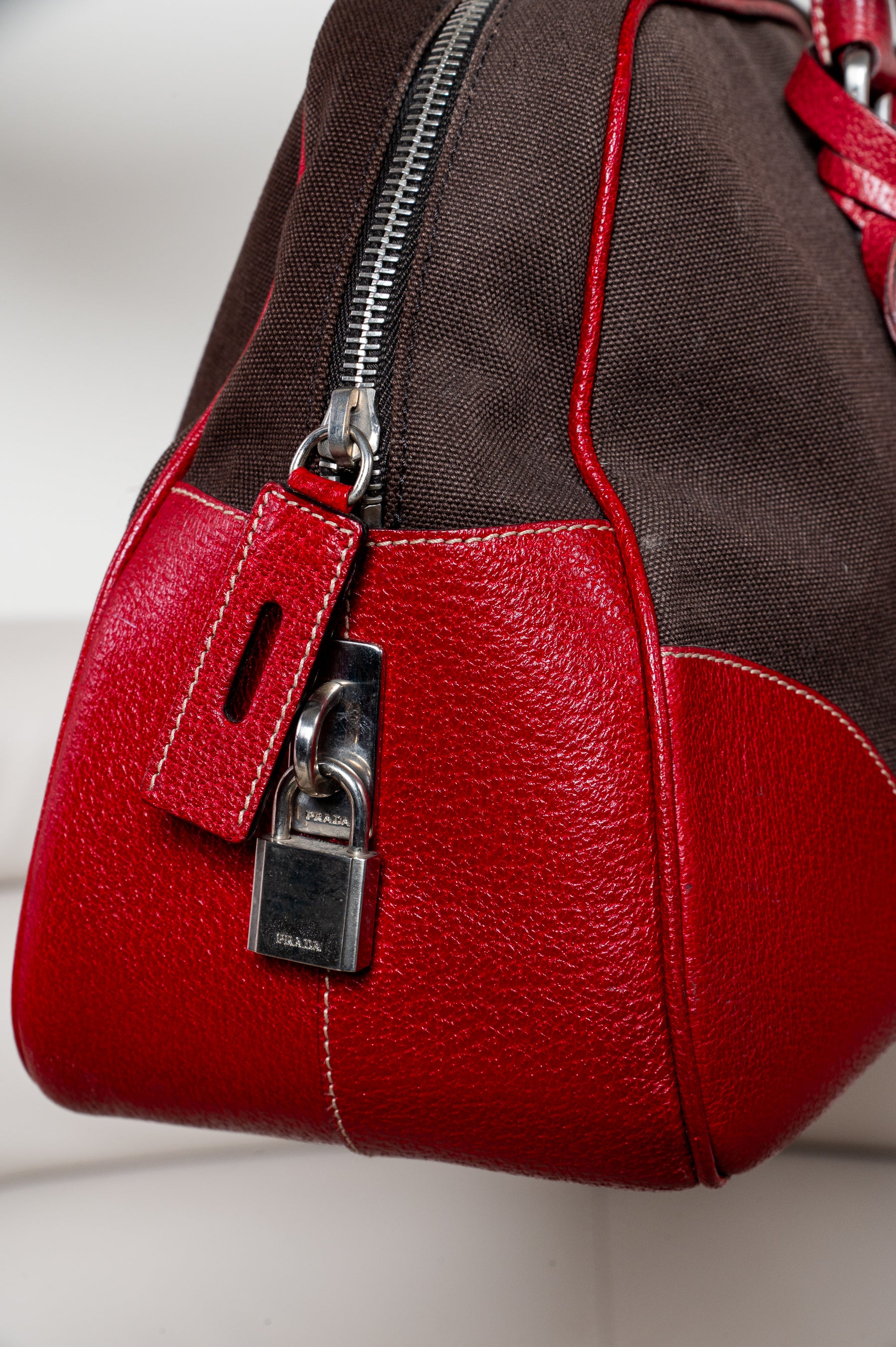 Vintage Brown Canvas Red Plaque Boston Bag