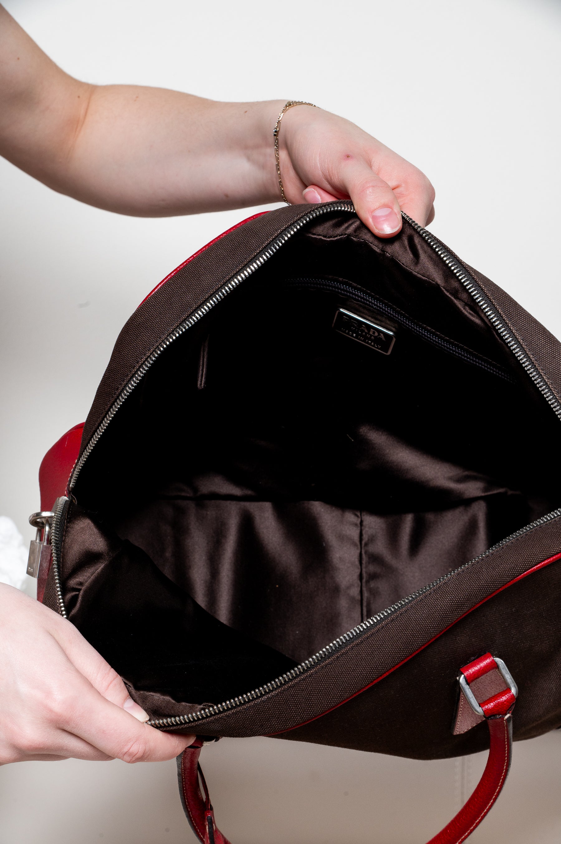 Vintage Brown Canvas Red Plaque Boston Bag