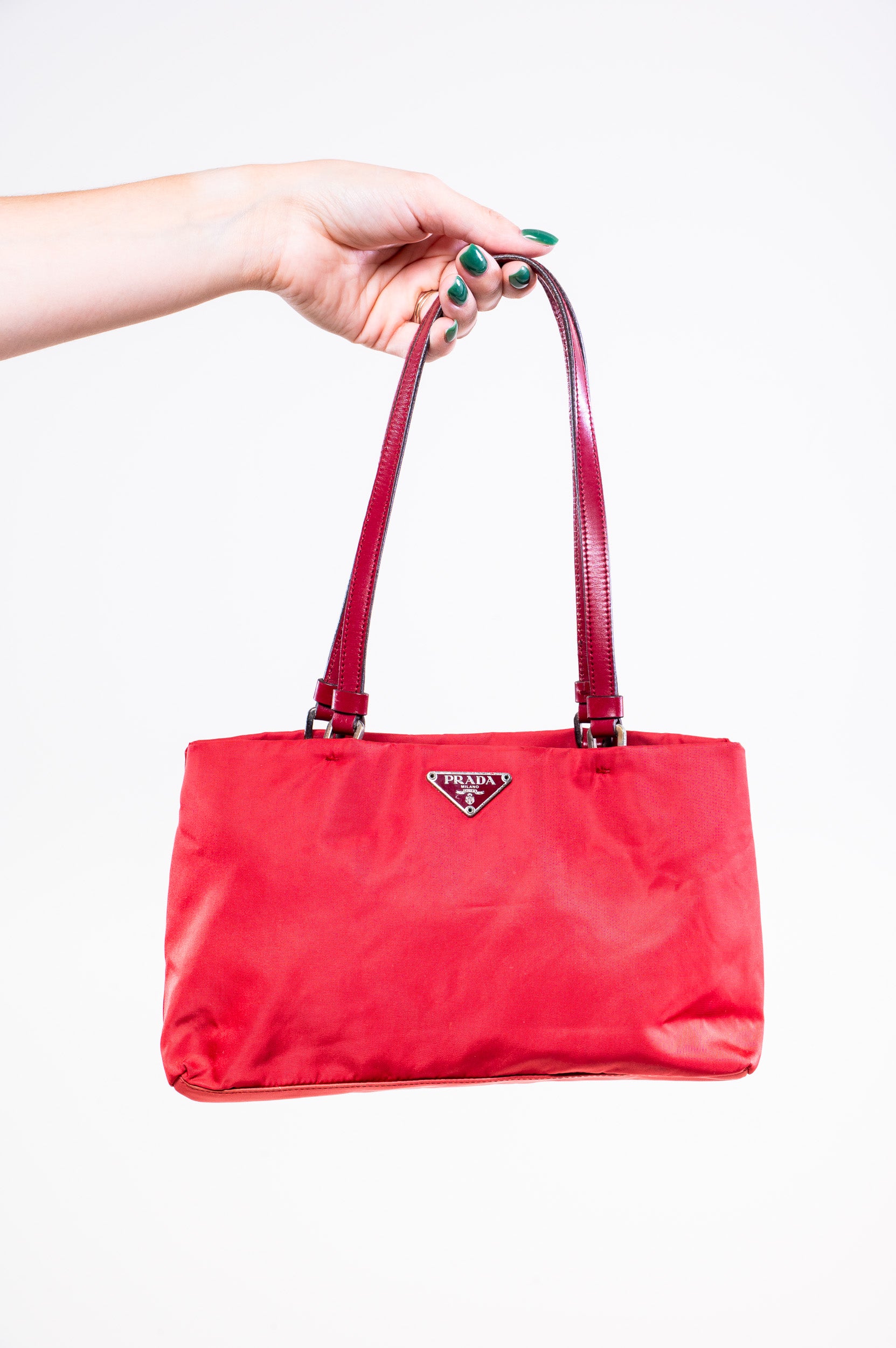 Red Nylon Triangle Logo Plate Shoulder Bag