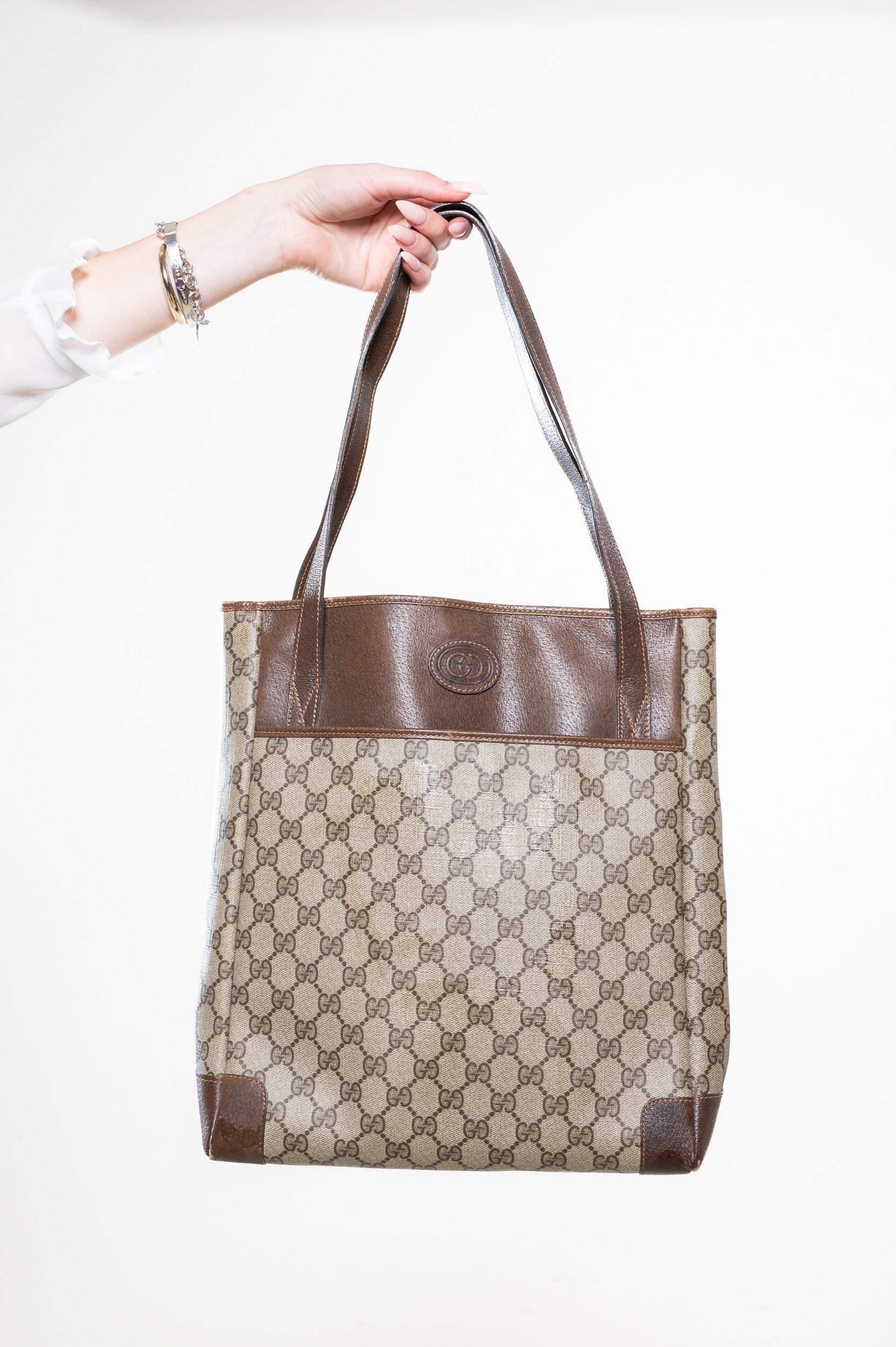Front view of Gucci Vintage Monogram Canvas Old Tote Shoulder Bag
