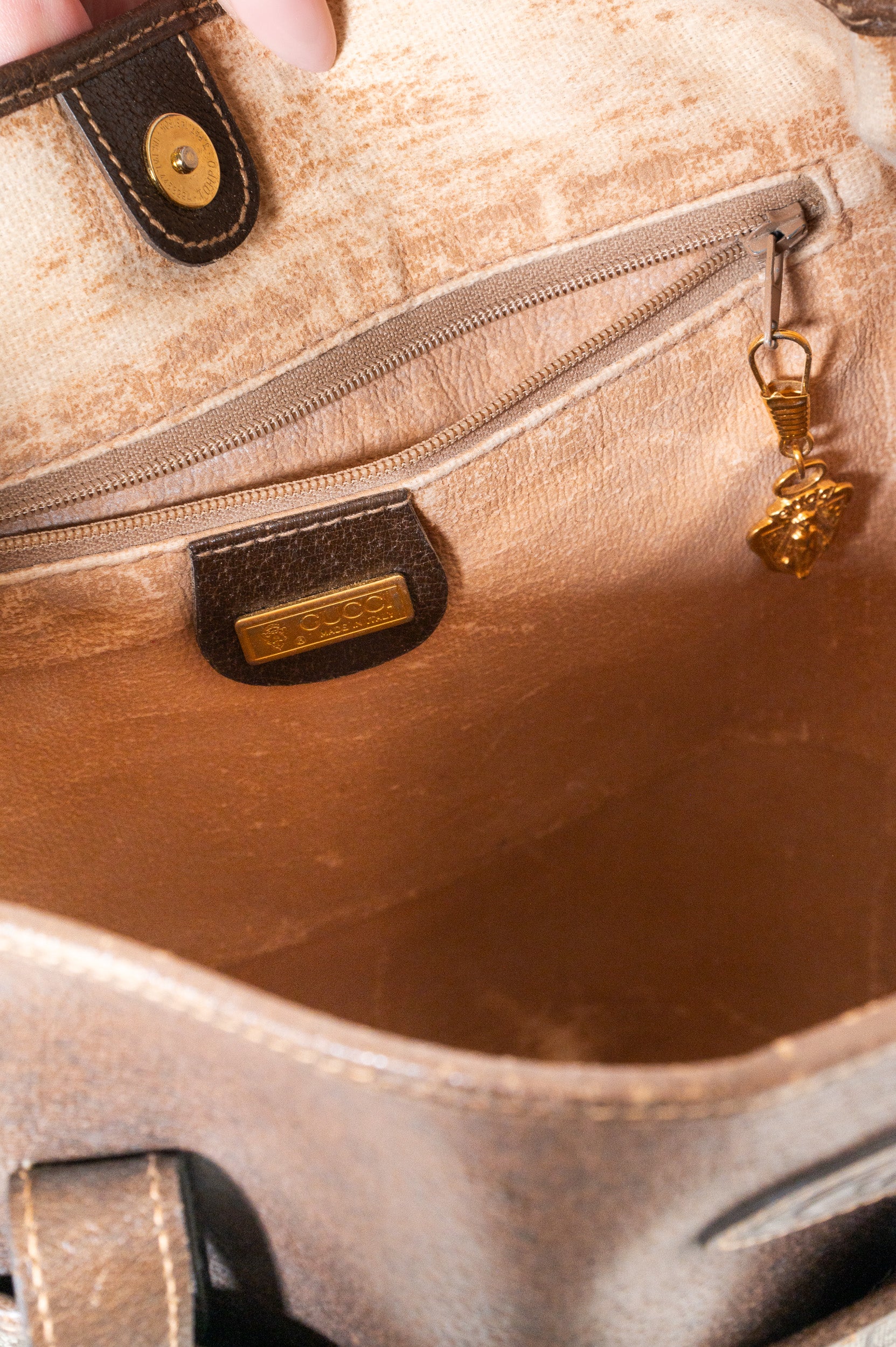 Close-up interior view of Gucci Vintage Monogram Canvas Old Tote Shoulder Bag