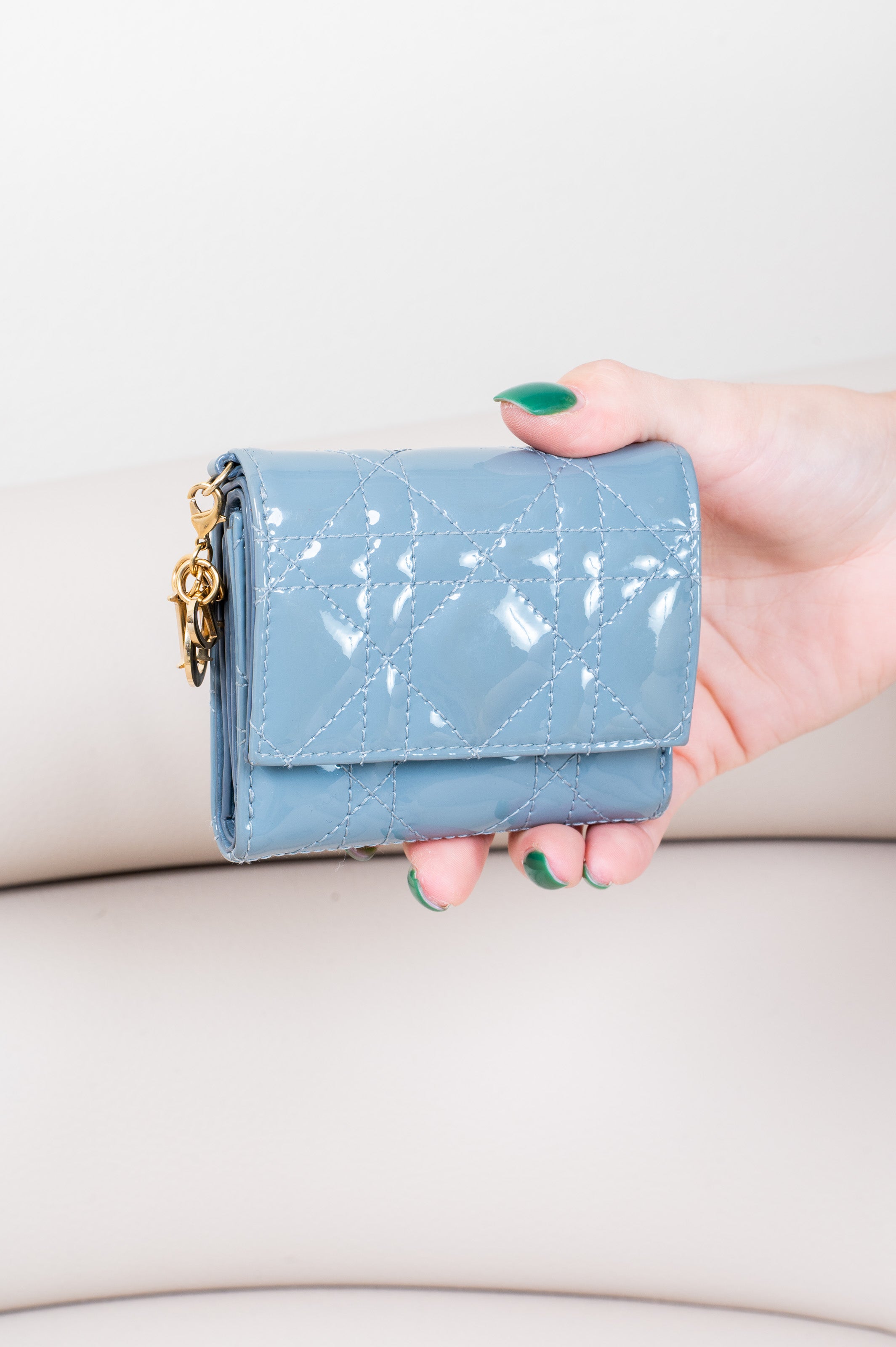 Blue Grey Patent Cannage Tri-fold Wallet