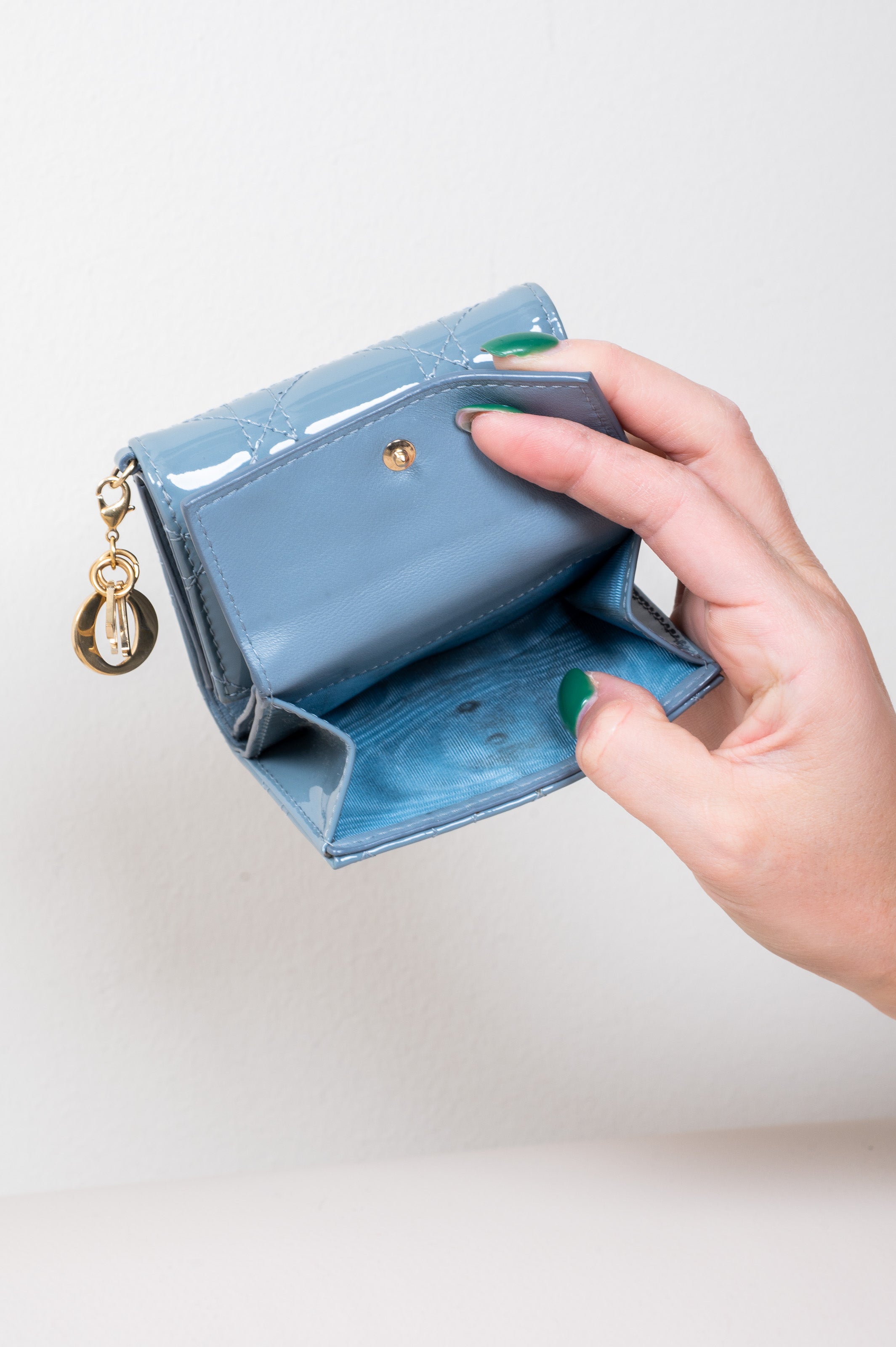 Blue Grey Patent Cannage Tri-fold Wallet