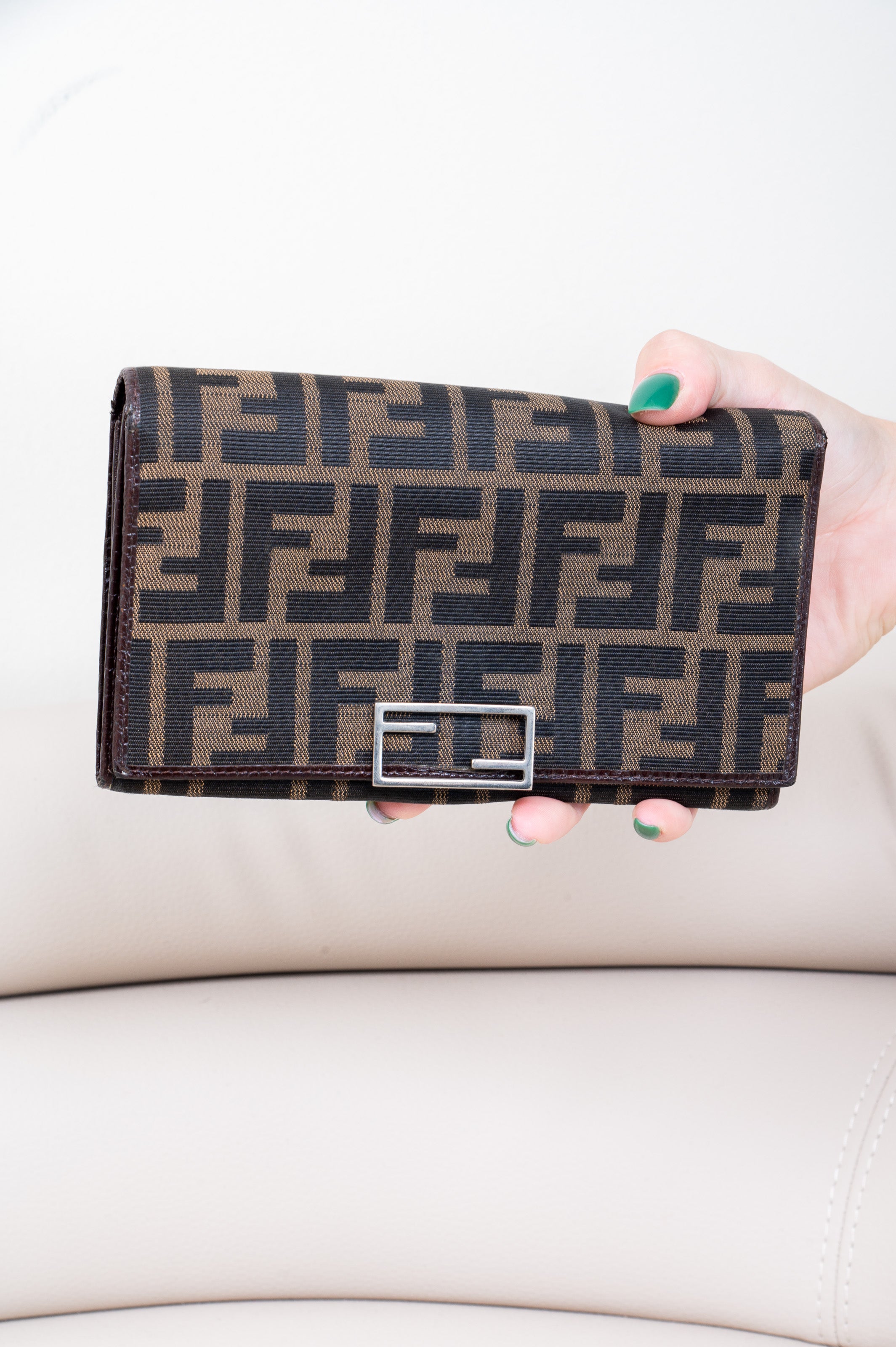 Vintage Brown Zucca Fold Over Continental Wallet