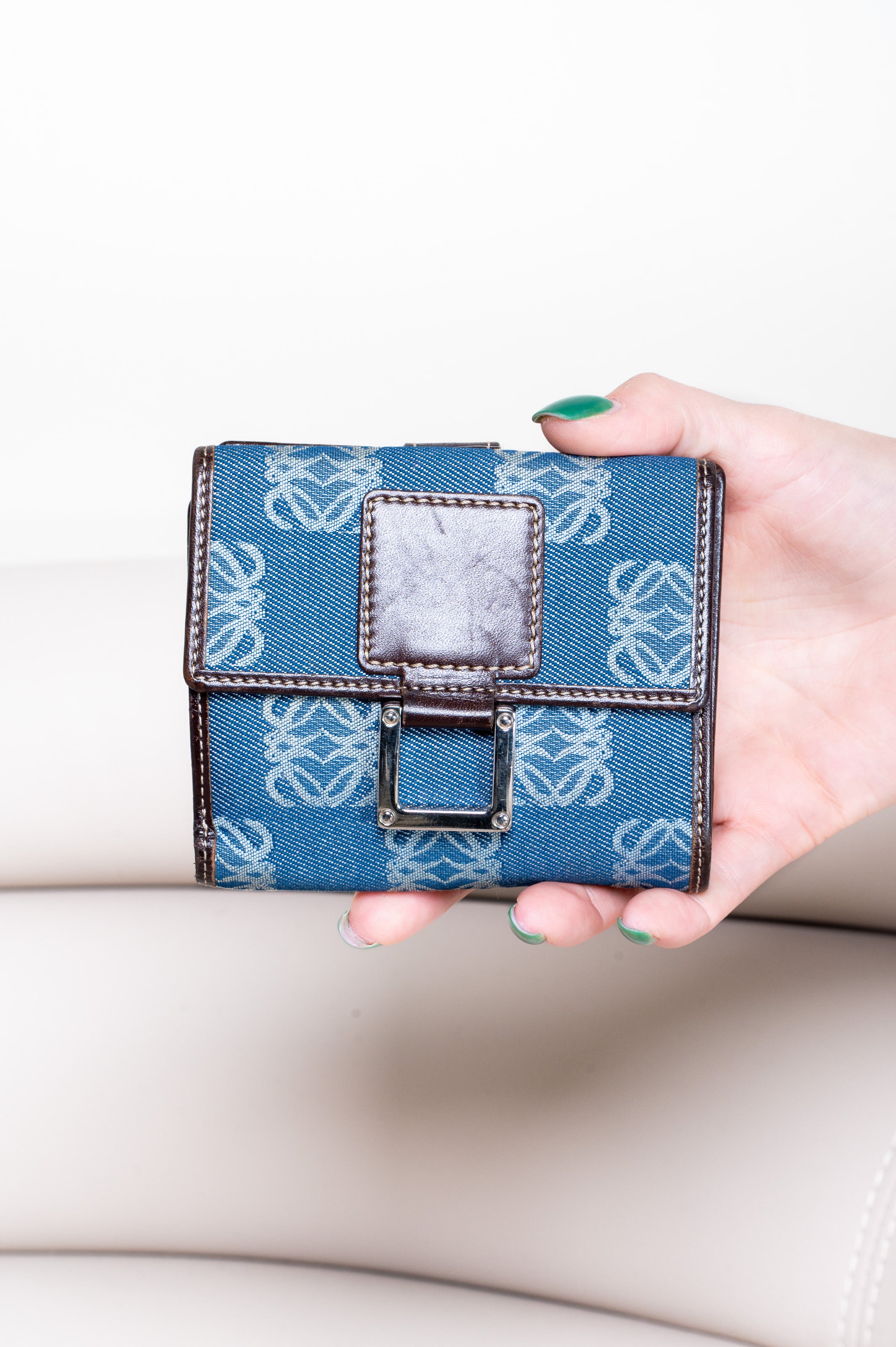 Vintage Denim Leather Anagram Compact Wallet