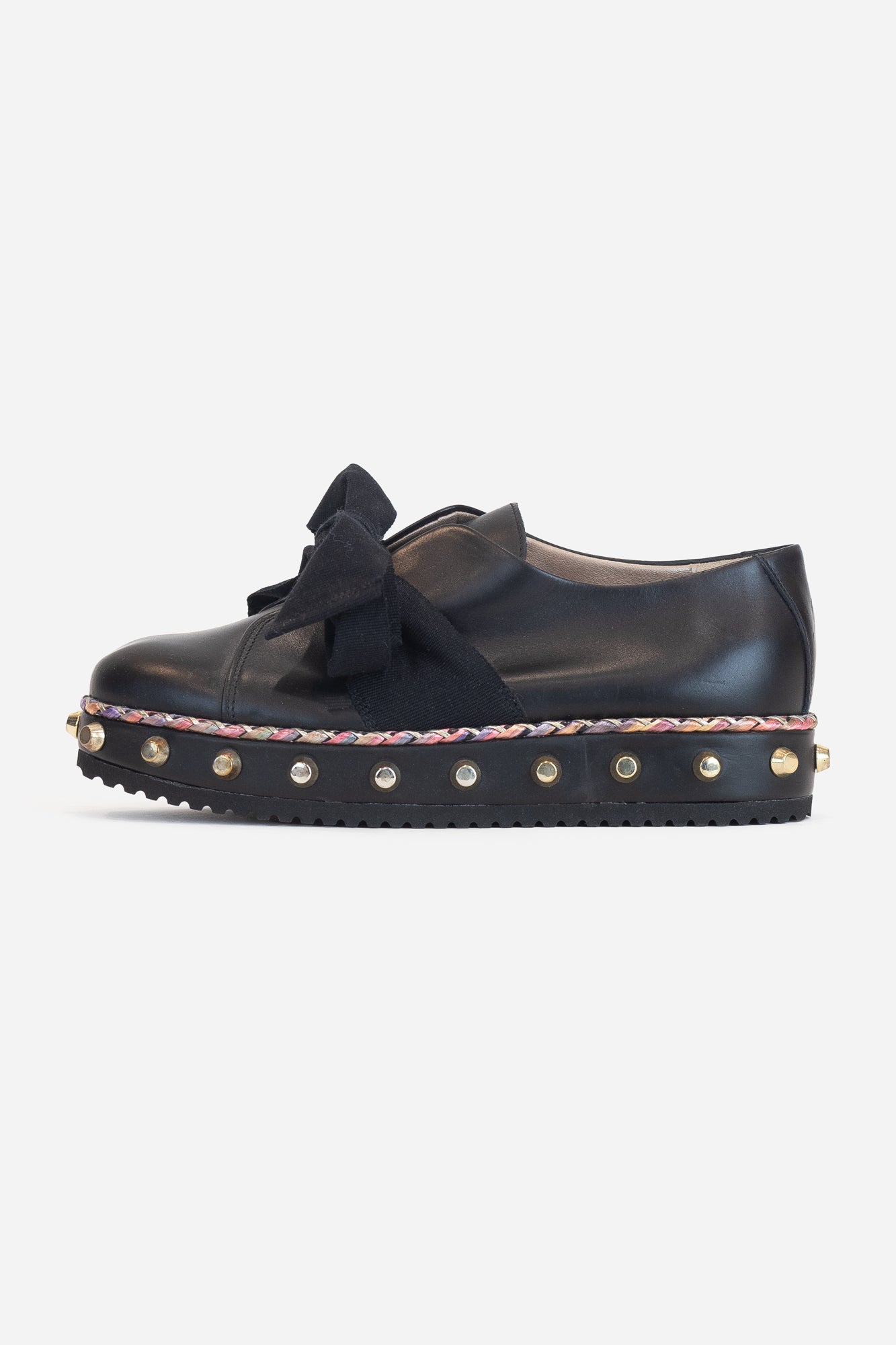 Black Studded Bow Loafers Leather