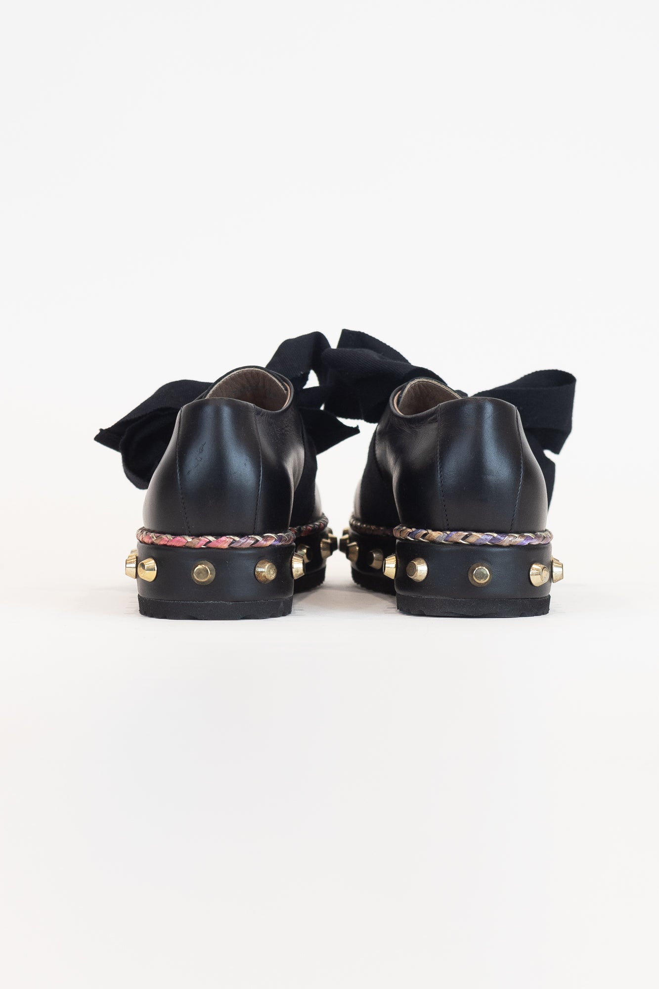 Black Studded Bow Loafers Leather