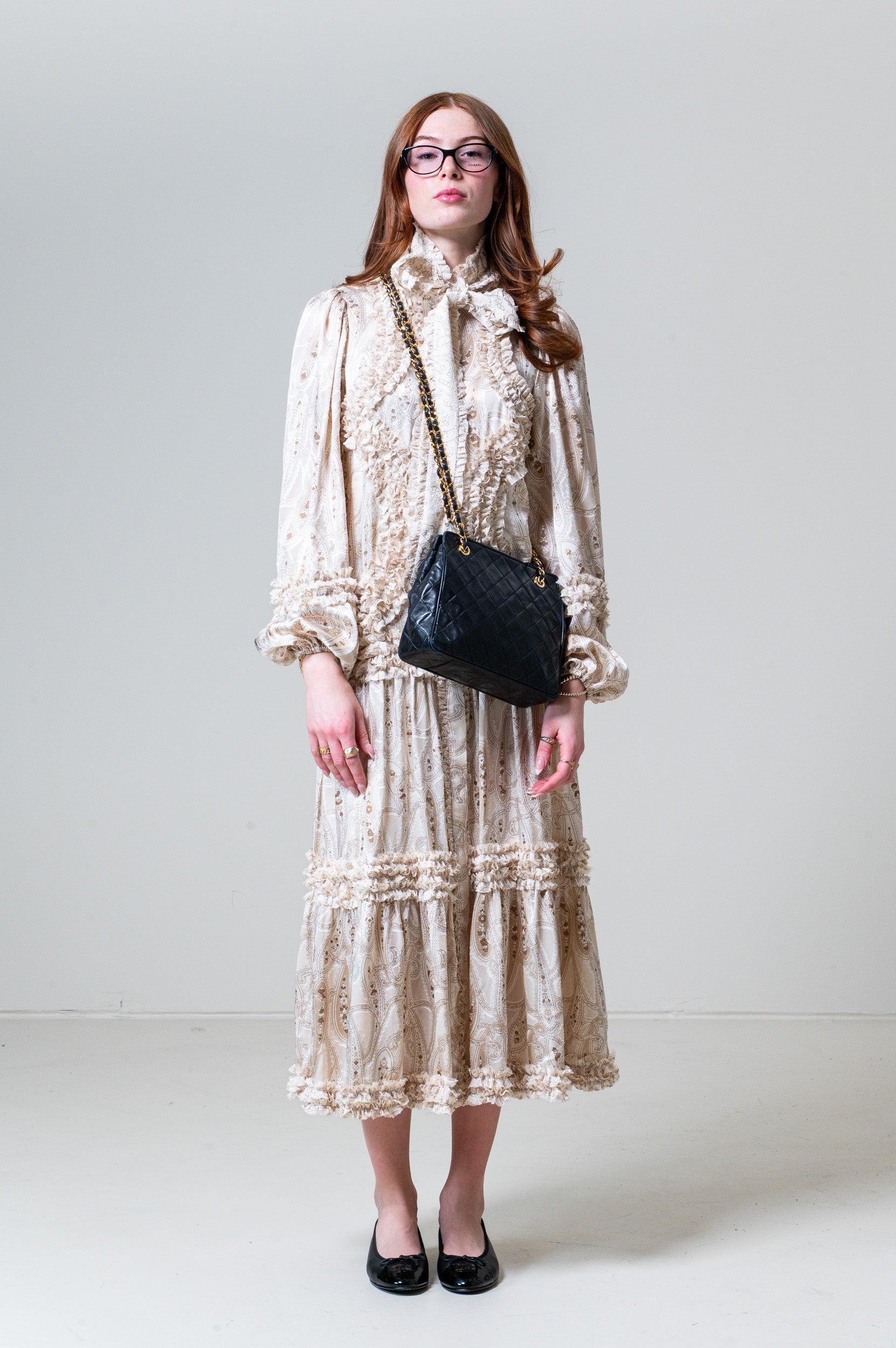 Cream Paisley Silk Ruffle Belted Dress