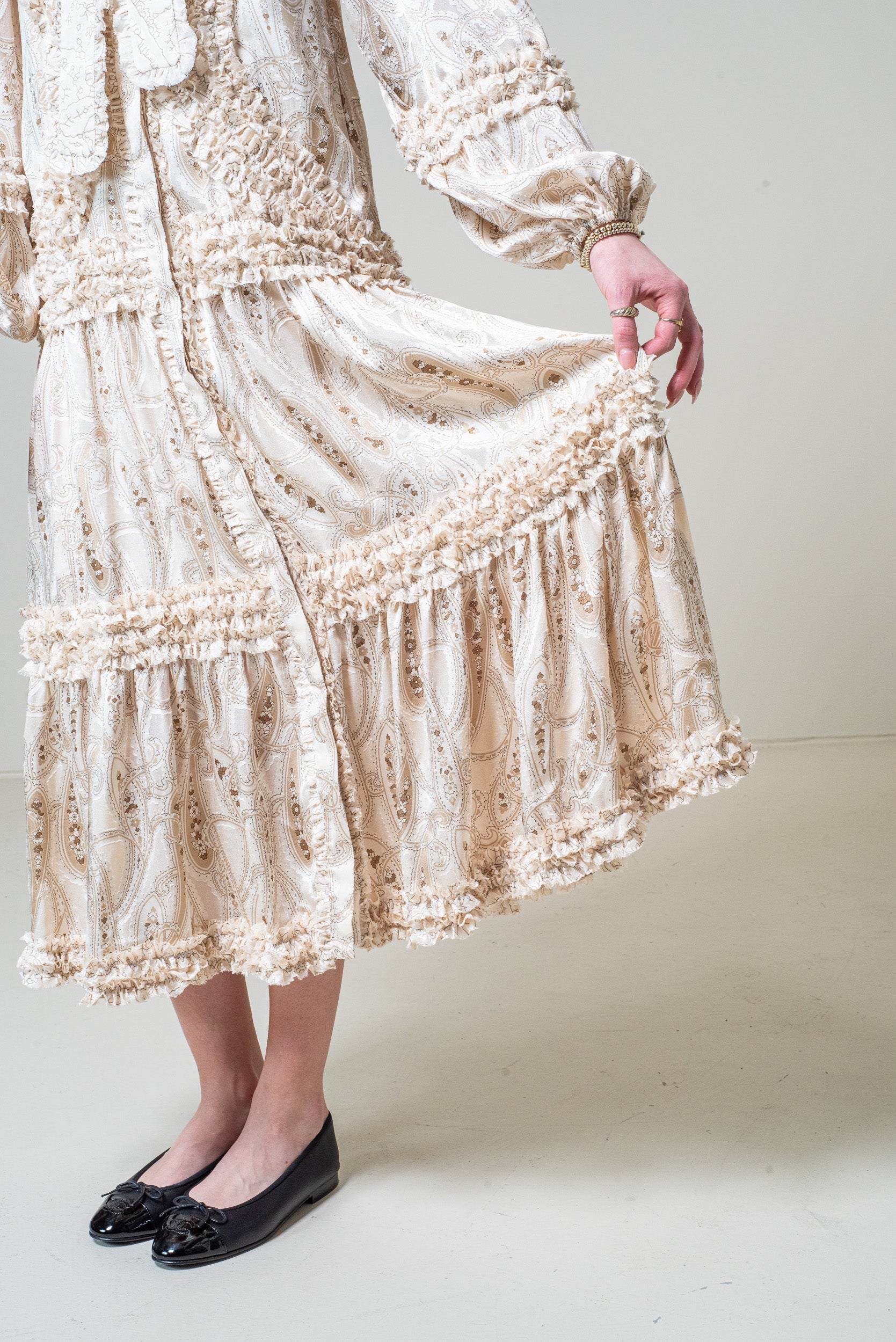 Cream Paisley Silk Ruffle Belted Dress