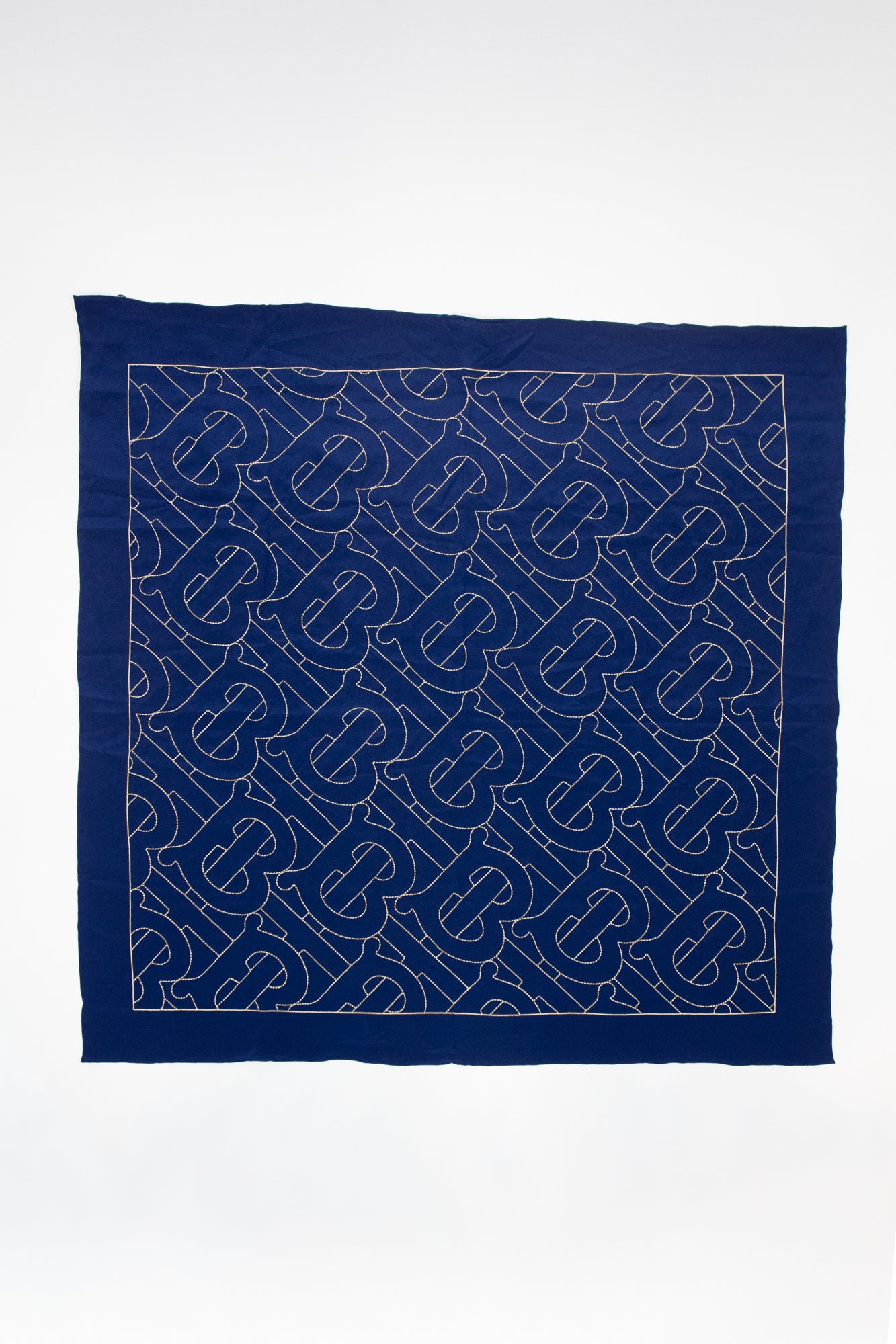 Navy Gold Stitch Monogram Scarf Silk