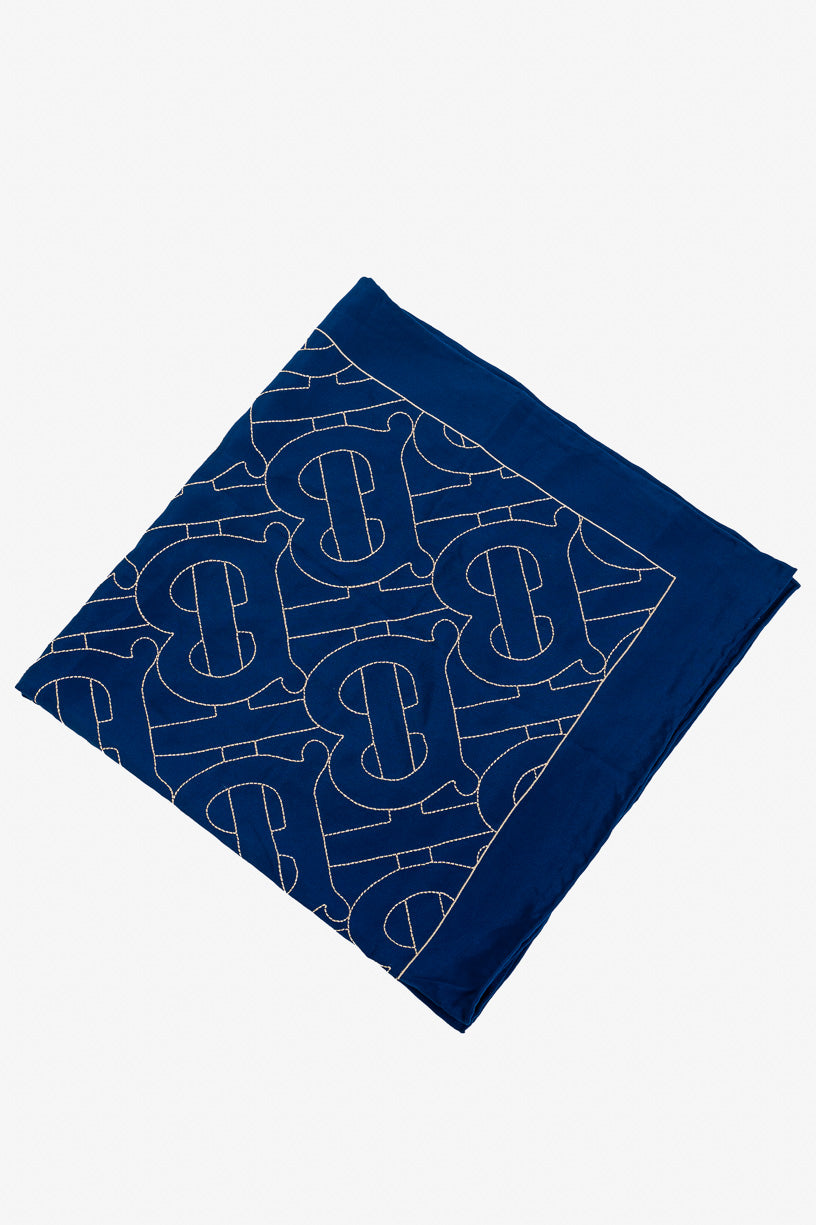 Navy Gold Stitch Monogram Scarf Silk