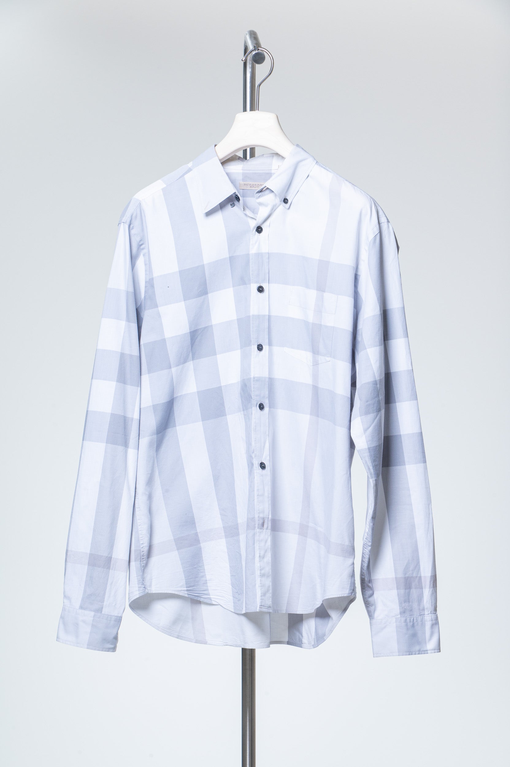 Light Grey and White Cotton Plaid Dress Shirt