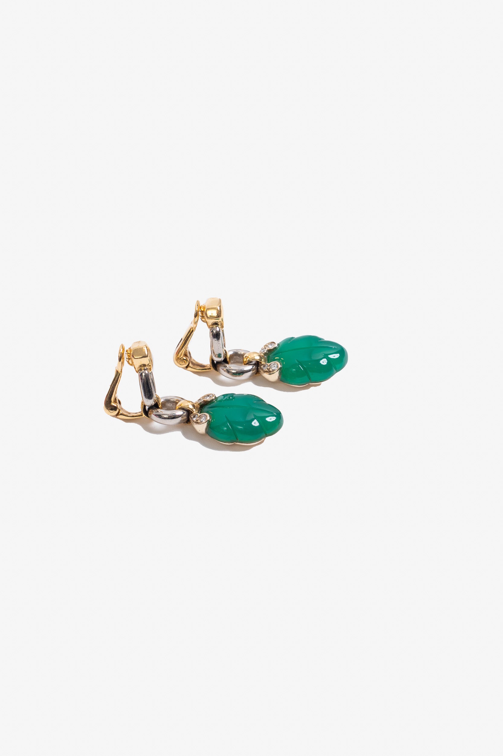 Carved Chrysoprase, Diamond + Gold Drop Clip-on Earrings