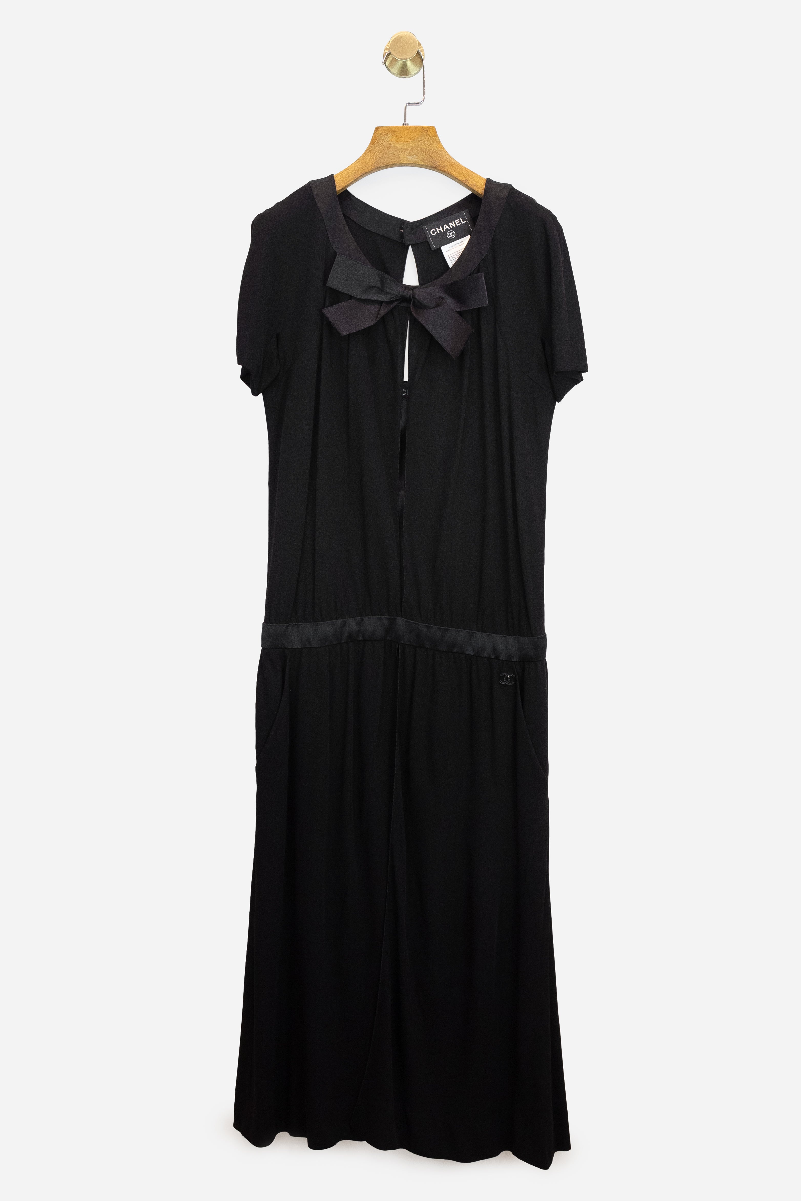 Black Short Sleeve Bow Dress With Under Slip Viscose/rayon