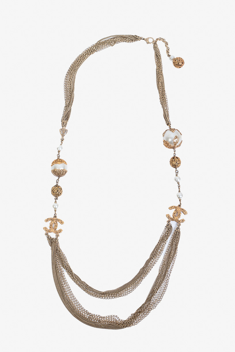 Gold Faux Pearl Multi Chain CC Necklacee Faux Pearl/Coloured Metal