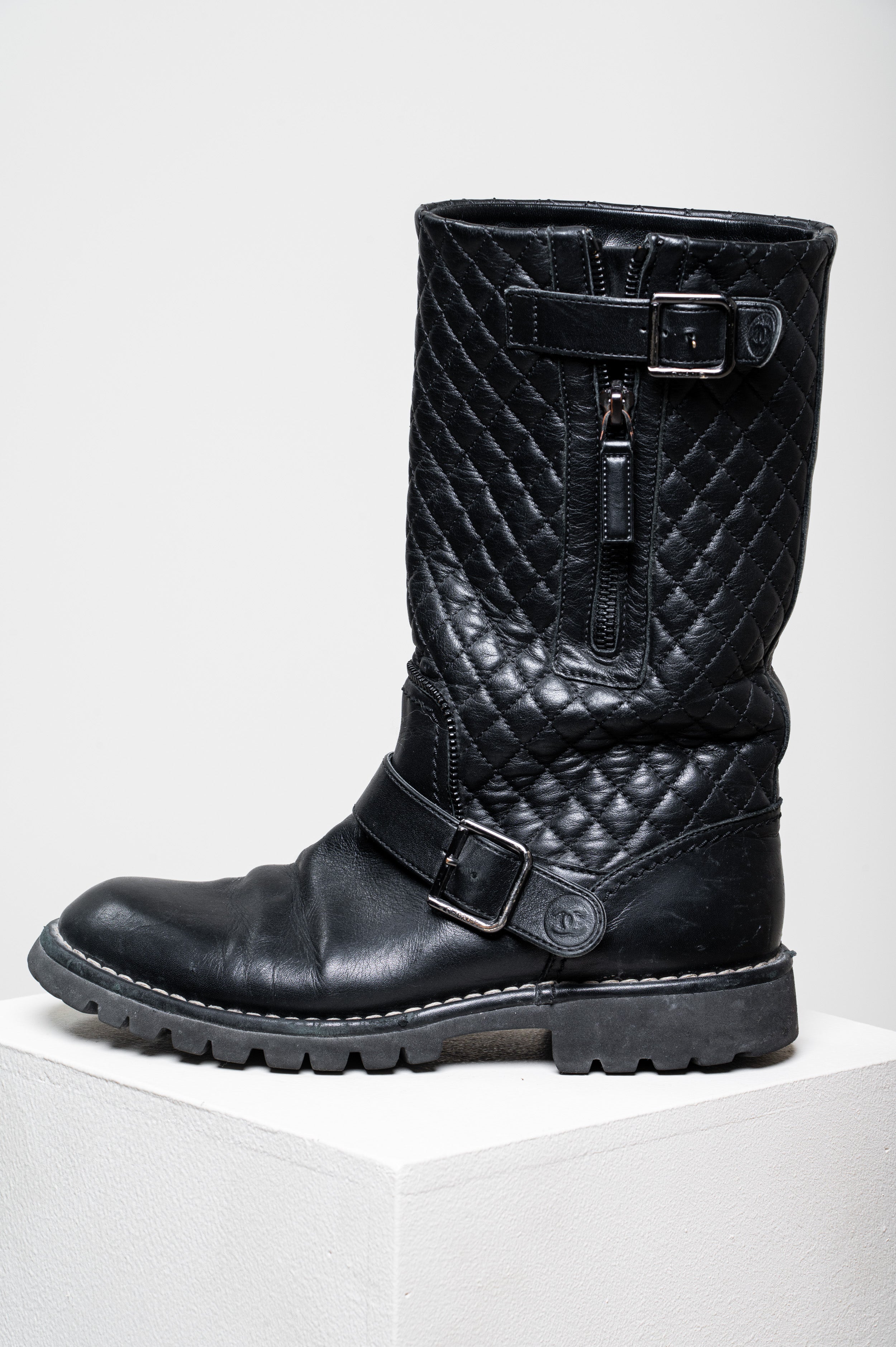 Black Quilted Buckle CC Boot Leather