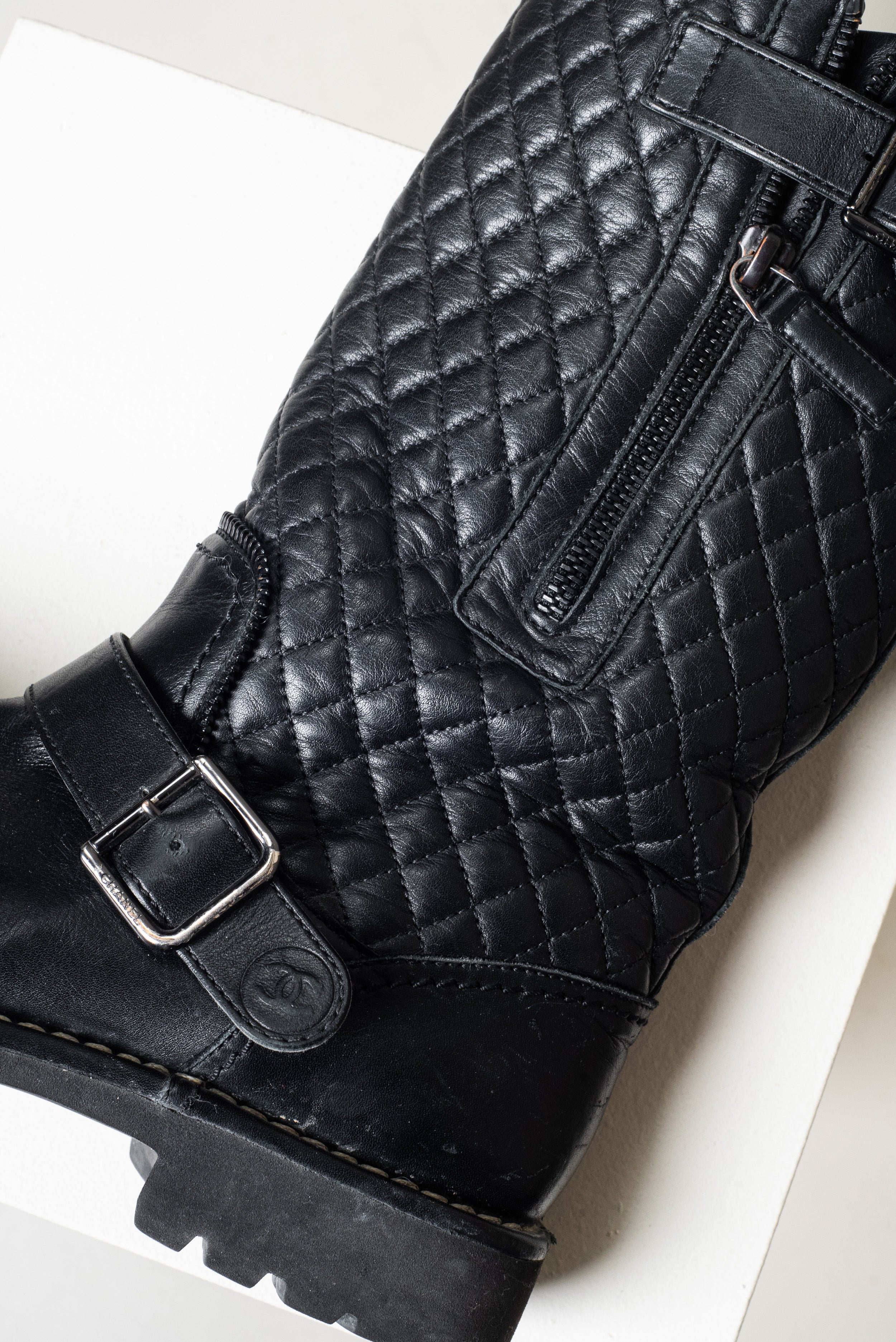 Black Quilted Buckle CC Boot Leather