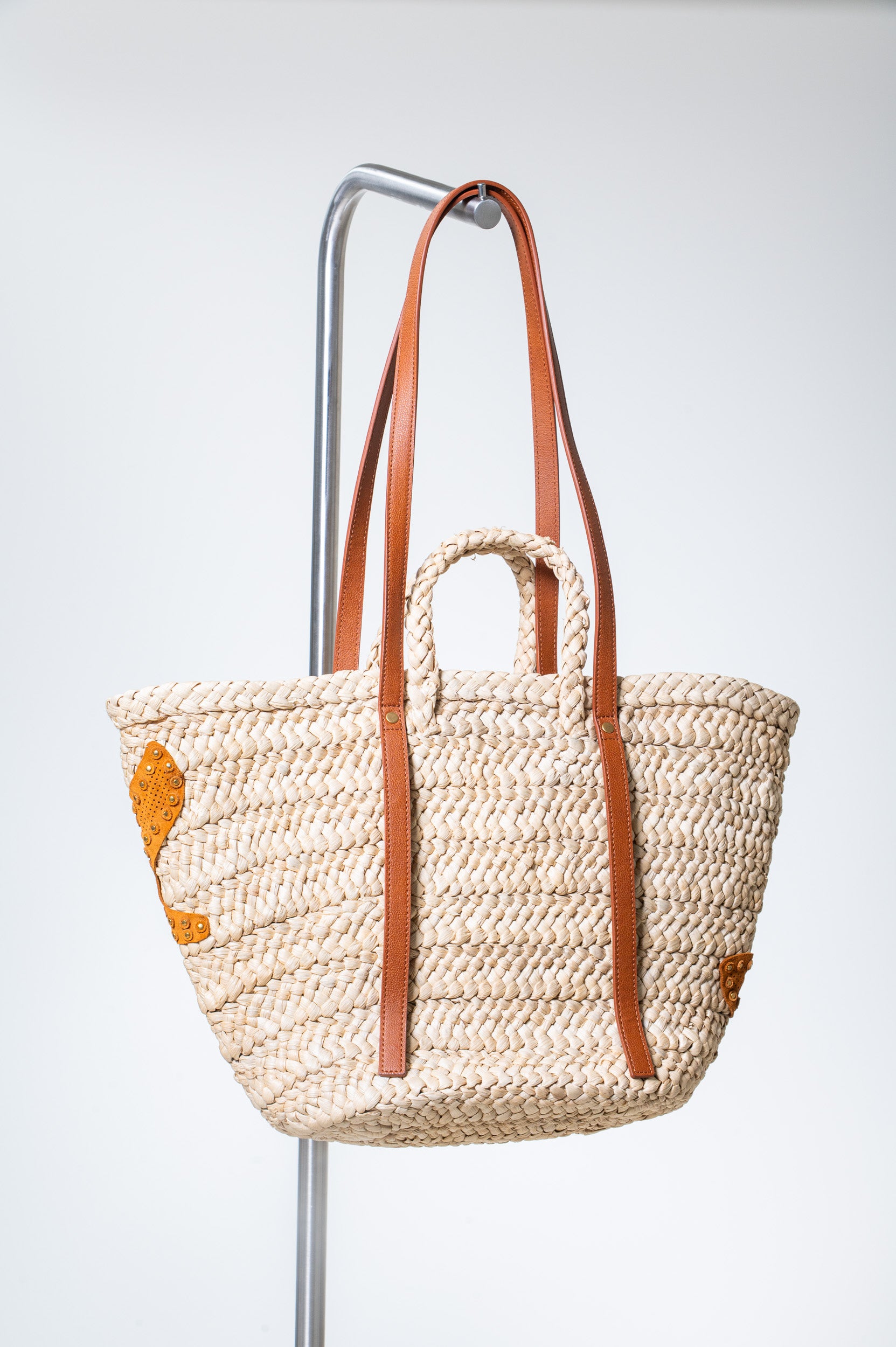 Beige And Brown Straw Tote Bag