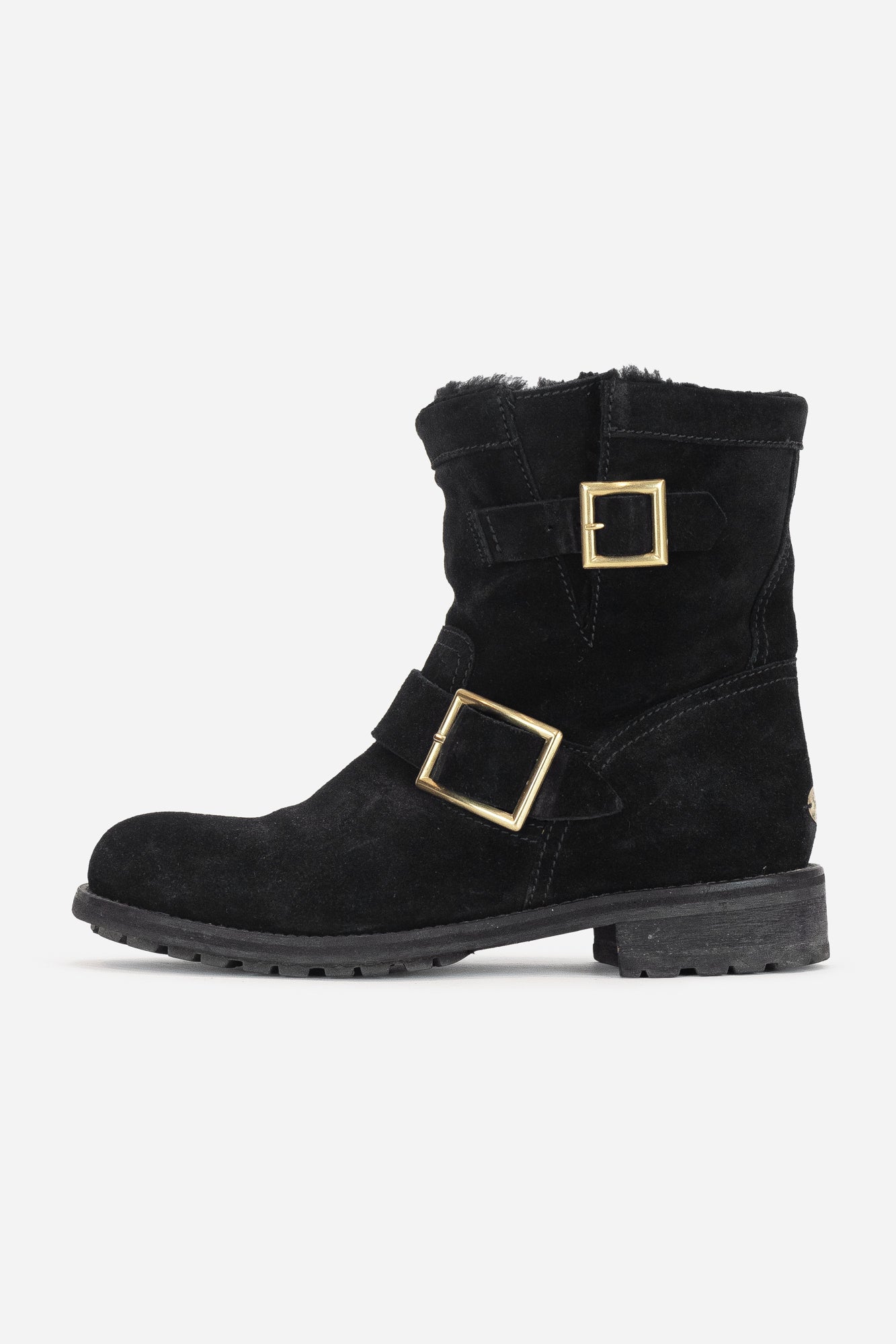 Black Suede Gold Buckle Ankle Boot Suede