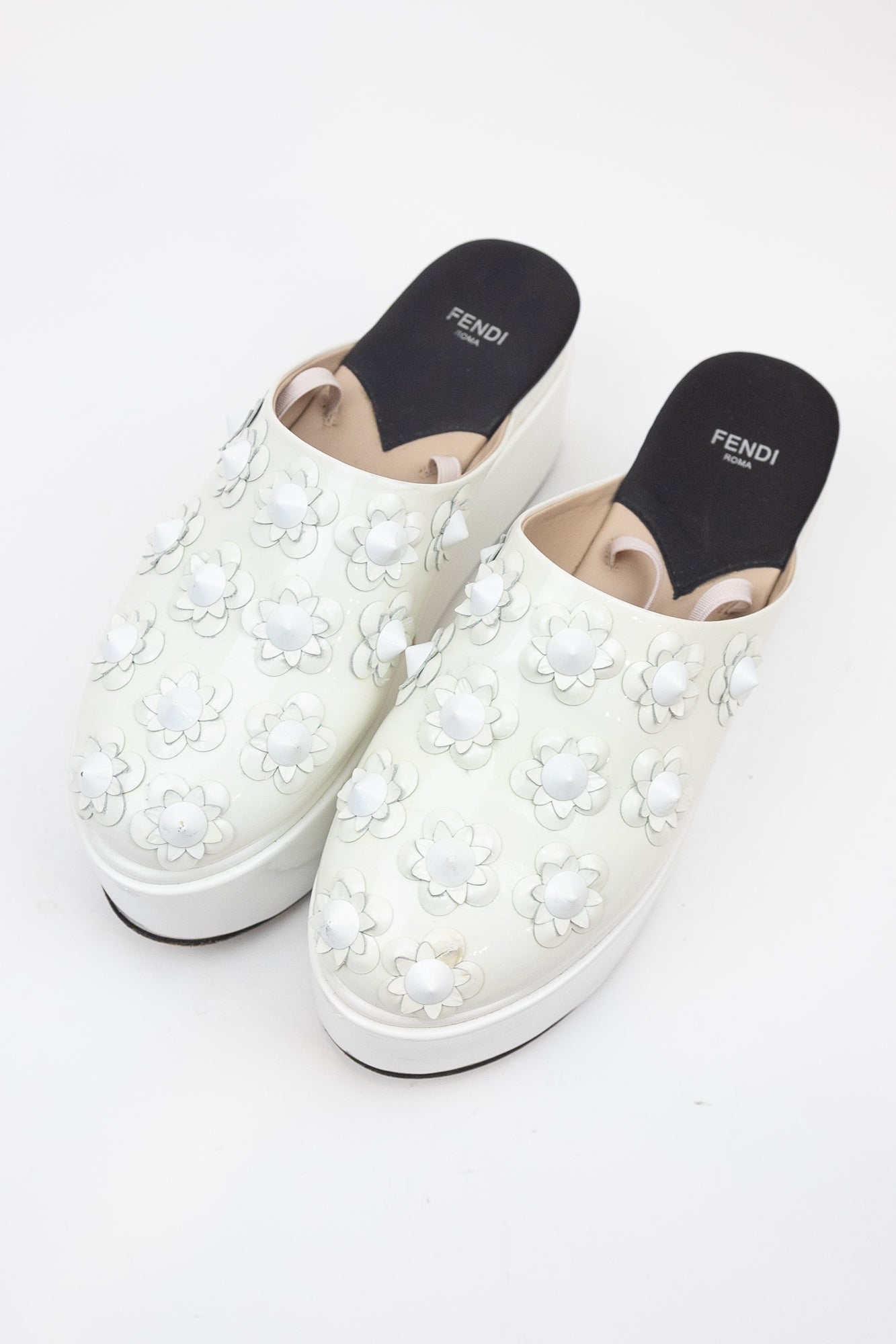 White Patent Floral Studded Platform Clog Patent