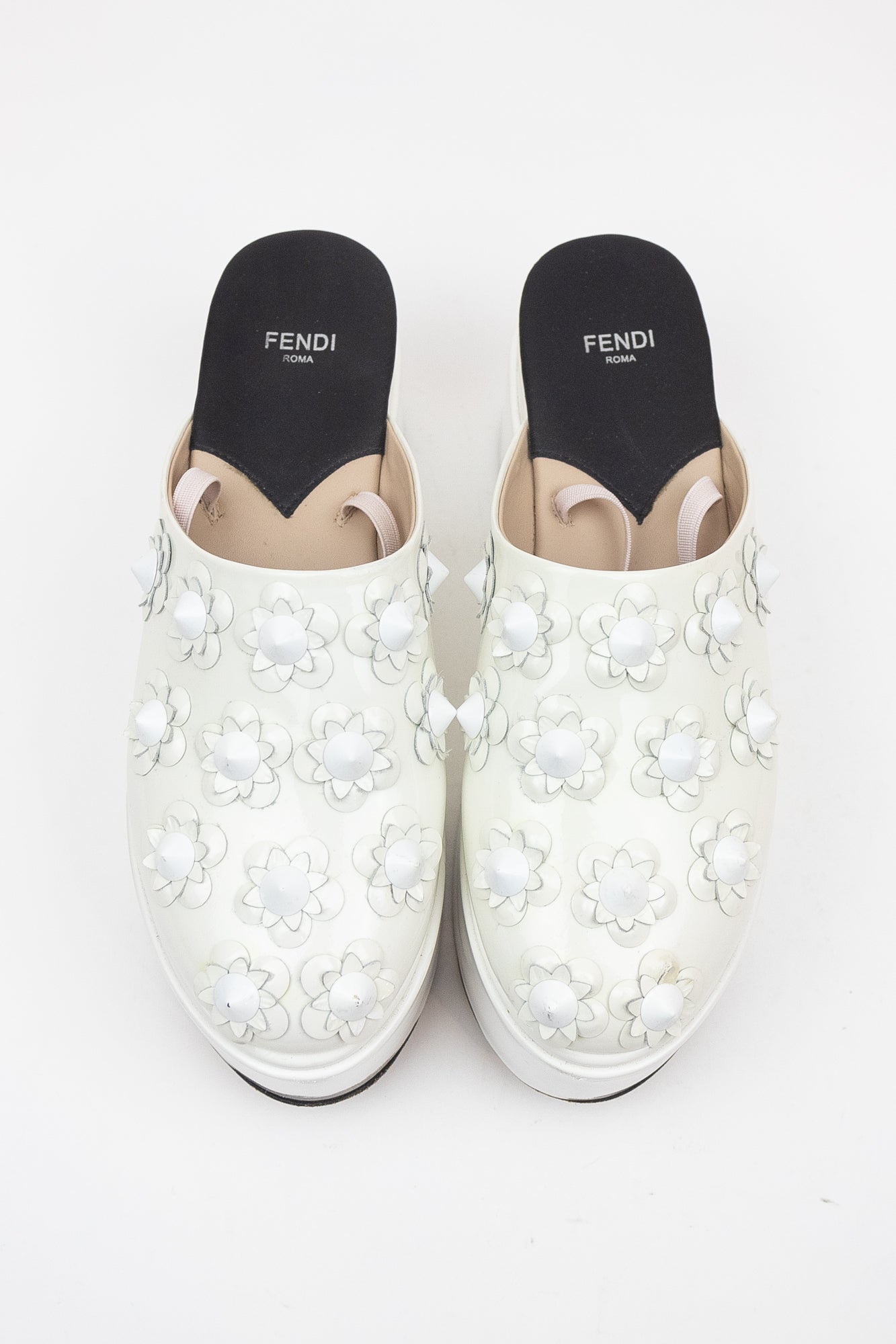 White Patent Floral Studded Platform Clog Patent