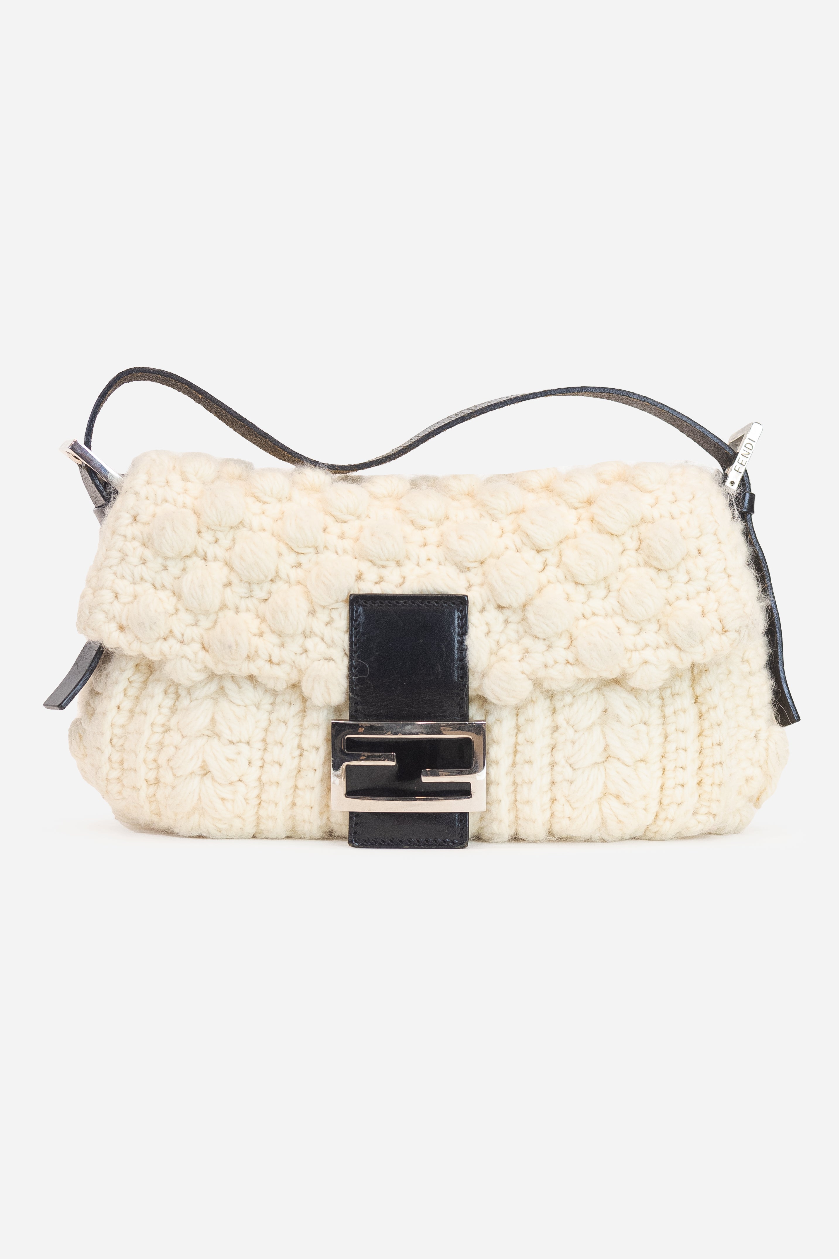 Cream Knit Baguette Shoulder Bag Wool/Leather