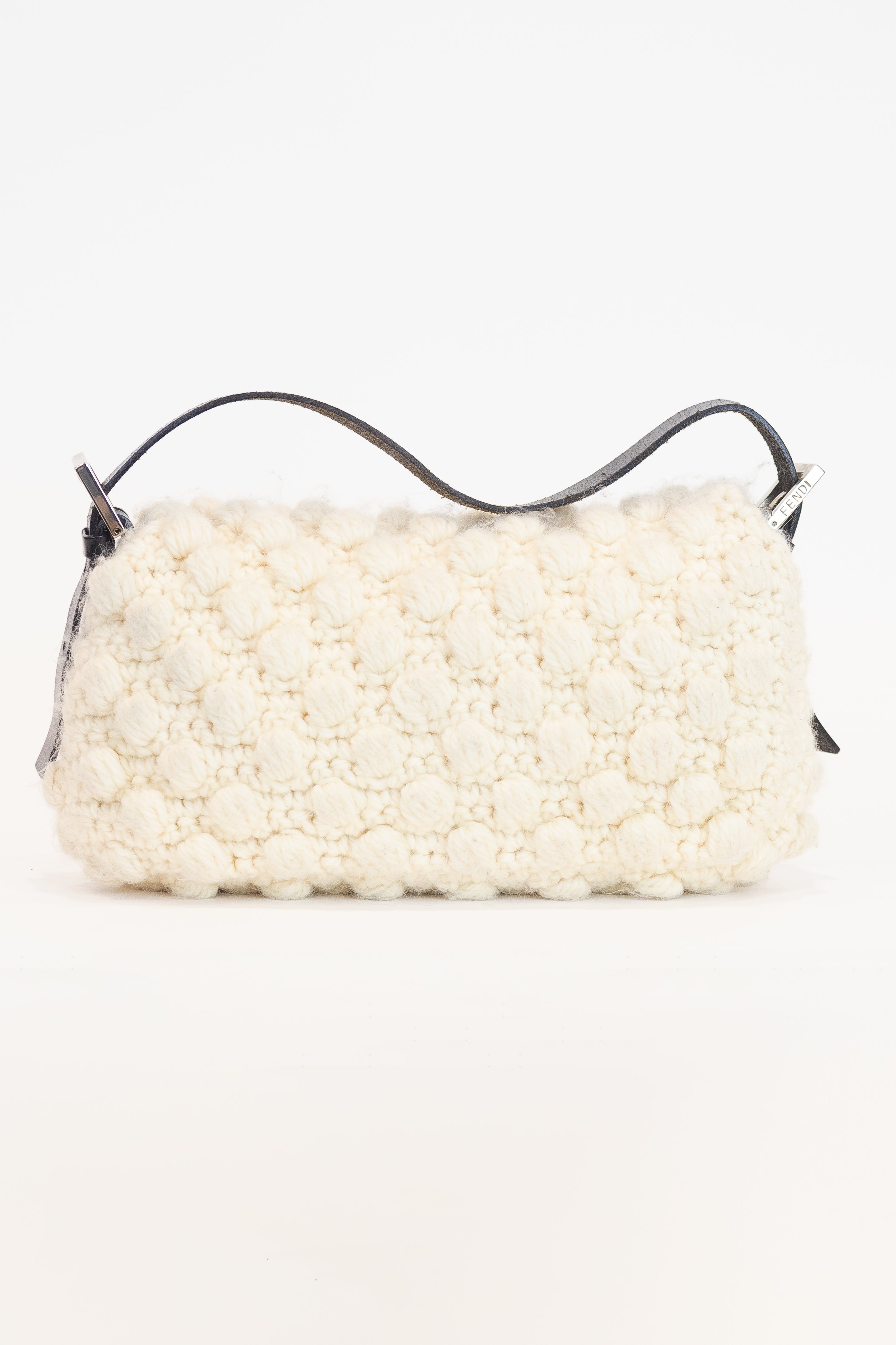 Cream Knit Baguette Shoulder Bag Wool/Leather